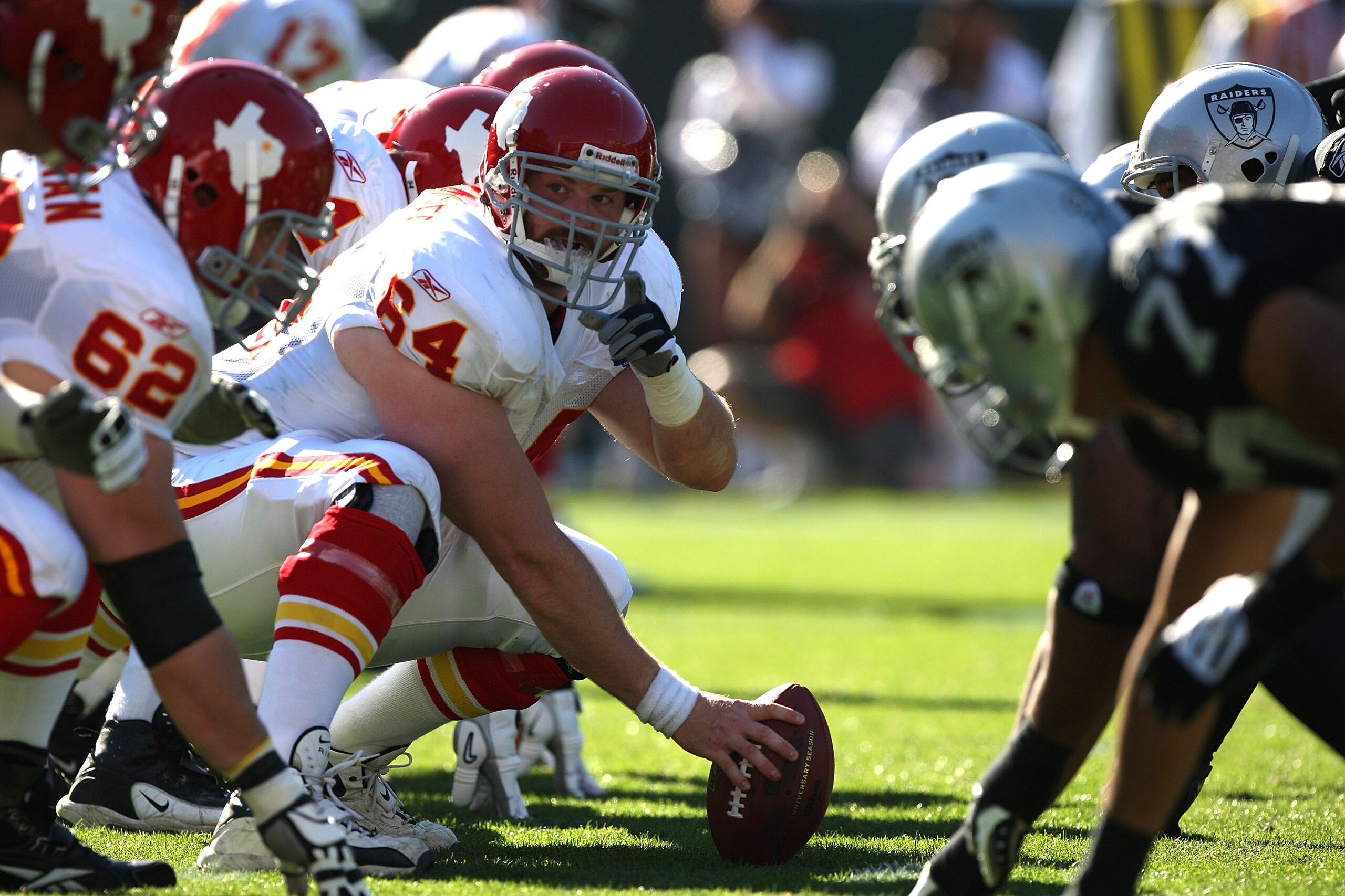 OAKLAND, CA - NOVEMBER 15:  Rudy Niswanger #64 of the Kansas City Chiefs prepares to snap the ball against the Oakland Raiders during an NFL game  at Oakland-Alameda County Coliseum on November 15, 2009 in Oakland, California.  (Photo by Jed Jacobsohn/Get