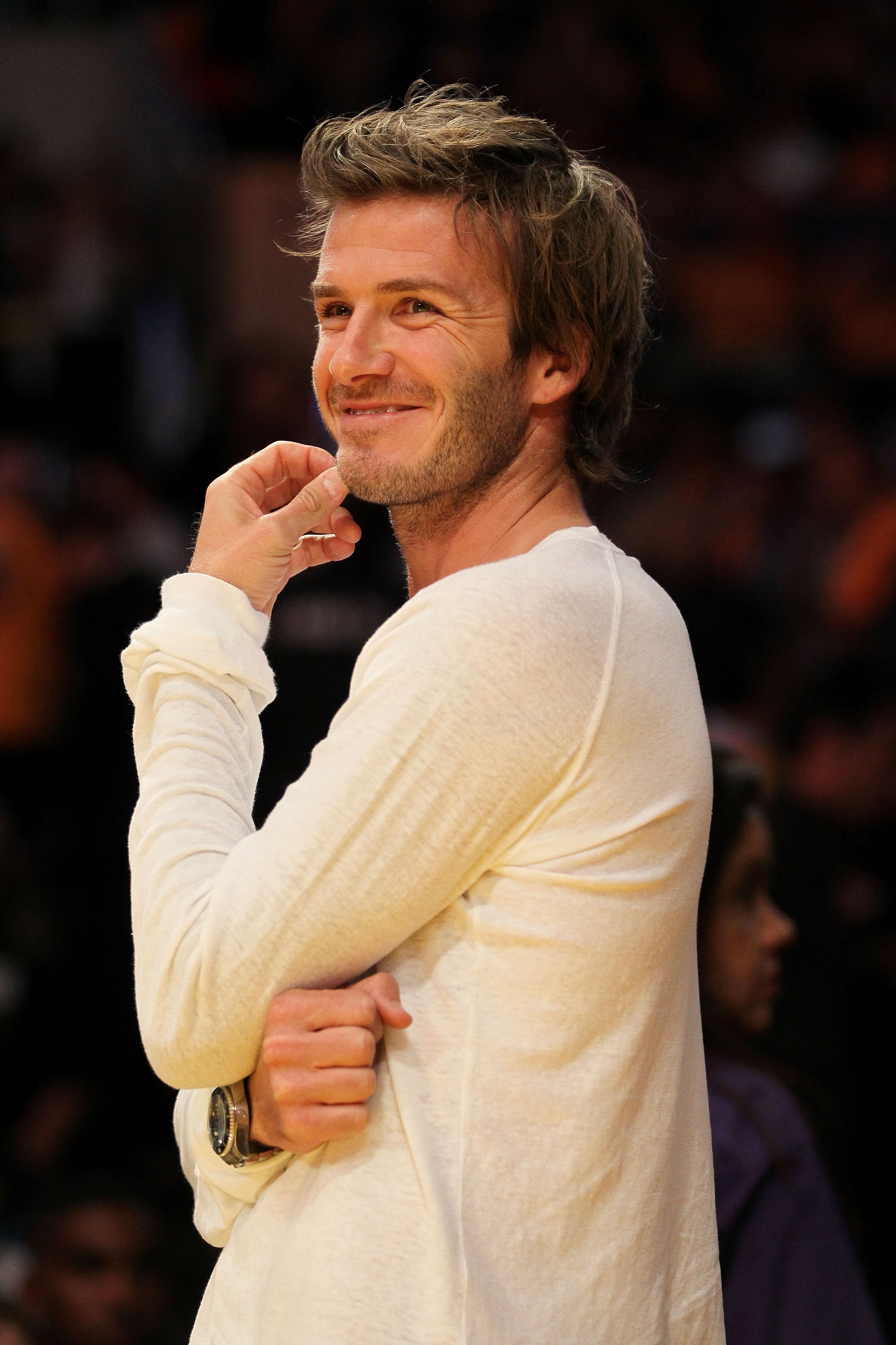 LOS ANGELES, CA - OCTOBER 26:  English footballer David Beckham looks on prior to the Los Angeles Lakers playing the Houston Rockets during their opening night game at Staples Center on October 26, 2010 in Los Angeles, California. NOTE TO USER: User expre