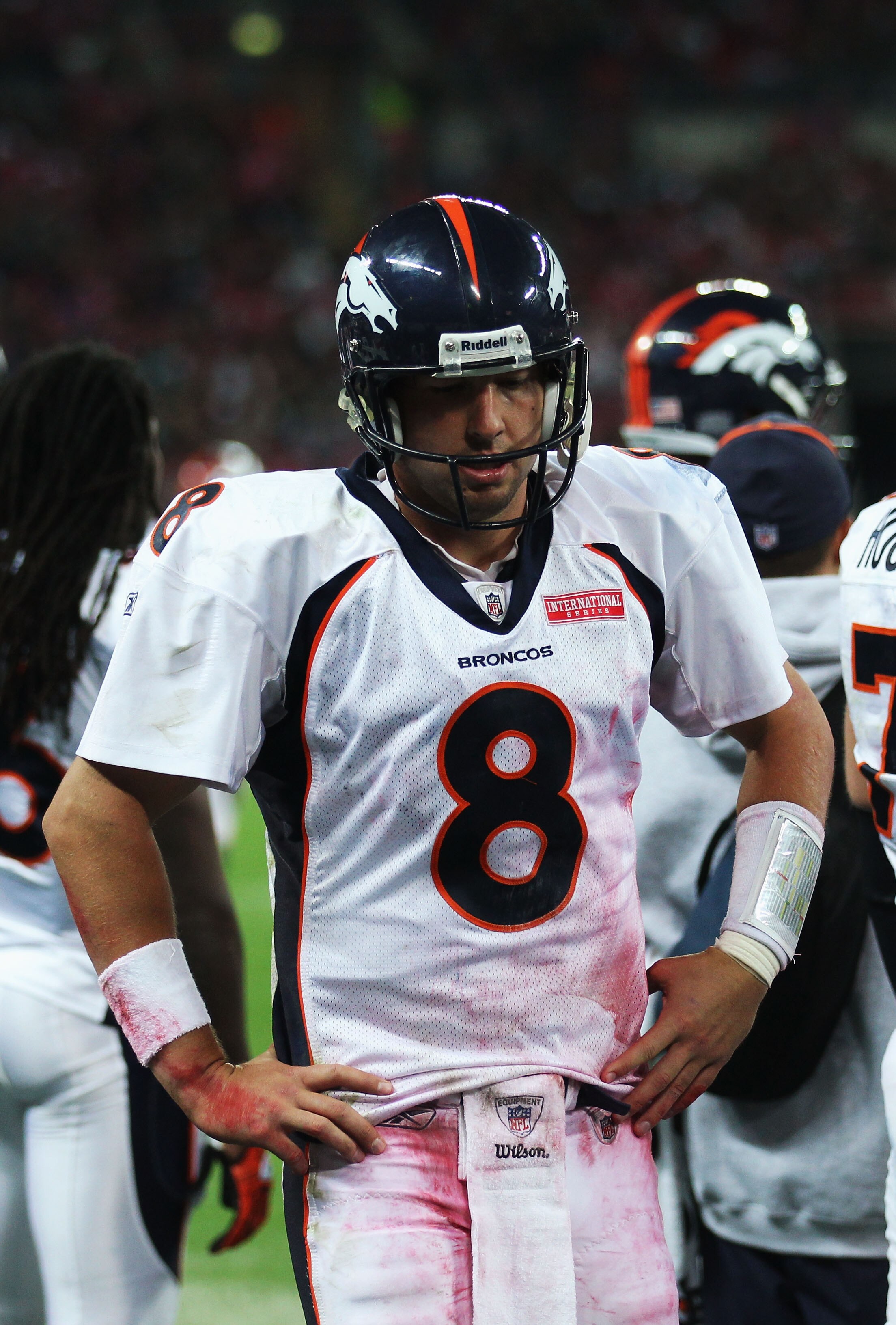 LONDON, ENGLAND - OCTOBER 31:  Kyle Orton #8 of Denver Broncos looks despondent during the NFL International Series match between Denver Broncos and San Francisco 49ers at Wembley Stadium on October 31, 2010 in London, England. This is the fourth occasion
