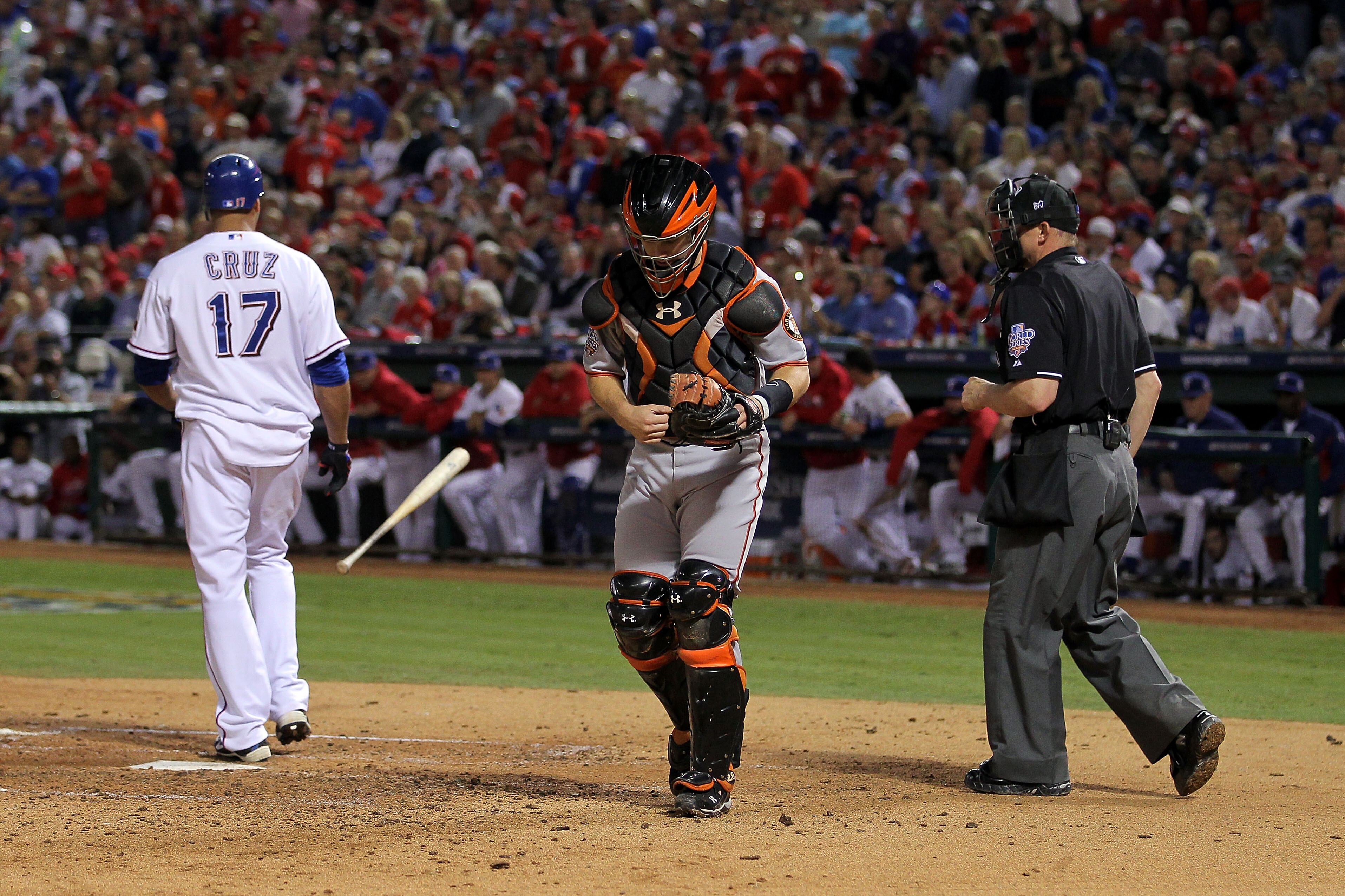 ARLINGTON, TX - NOVEMBER 01:  Catcher Buster Posey #28 of the San Francisco Giants reacts after Nelson Cruz #17 of the Texas Rangers struck out to end the fourth inning of Game Five of the 2010 MLB World Series at Rangers Ballpark in Arlington on November