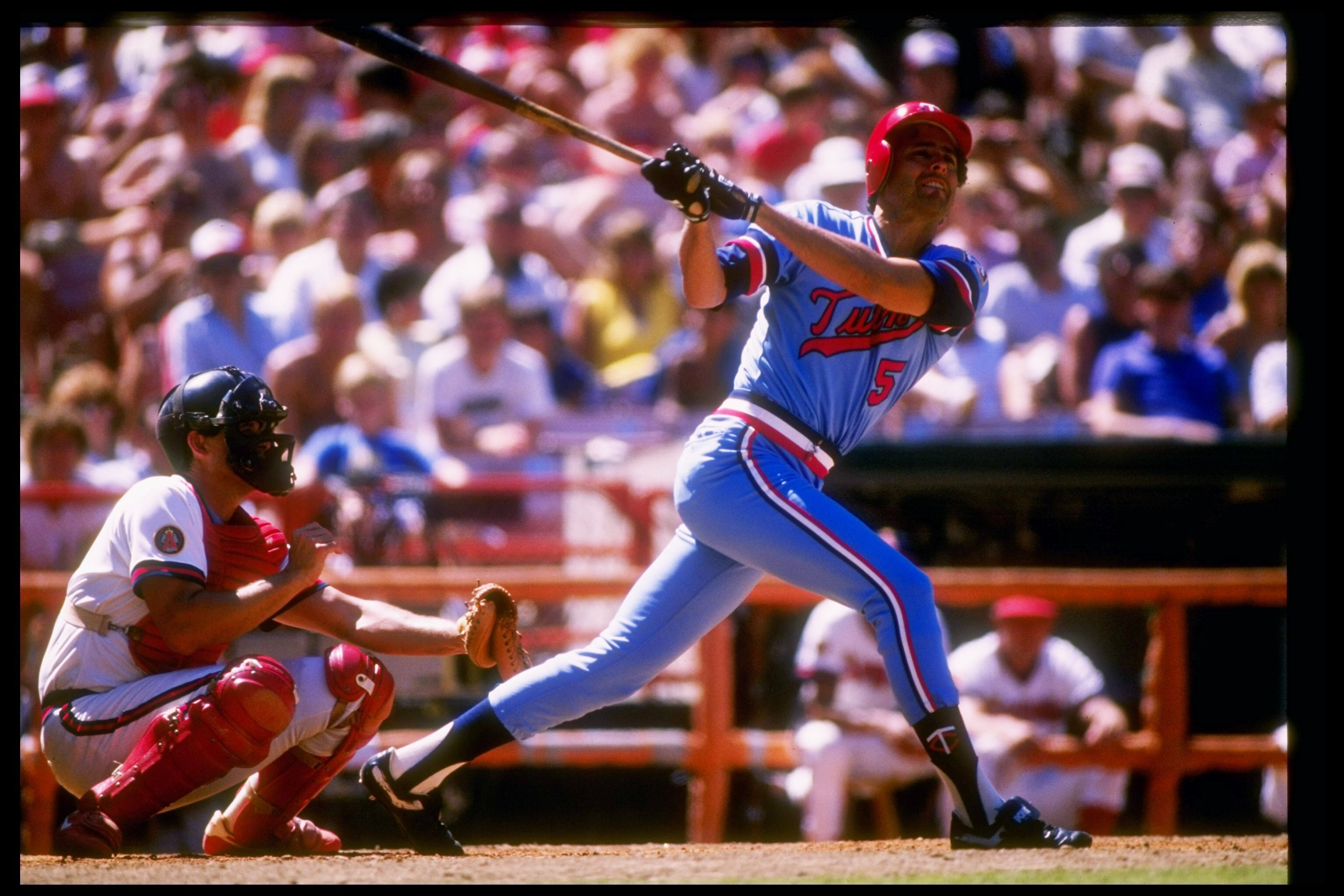Designated hitter Ray Smalley of the Minnesota Twins at bat during a game.