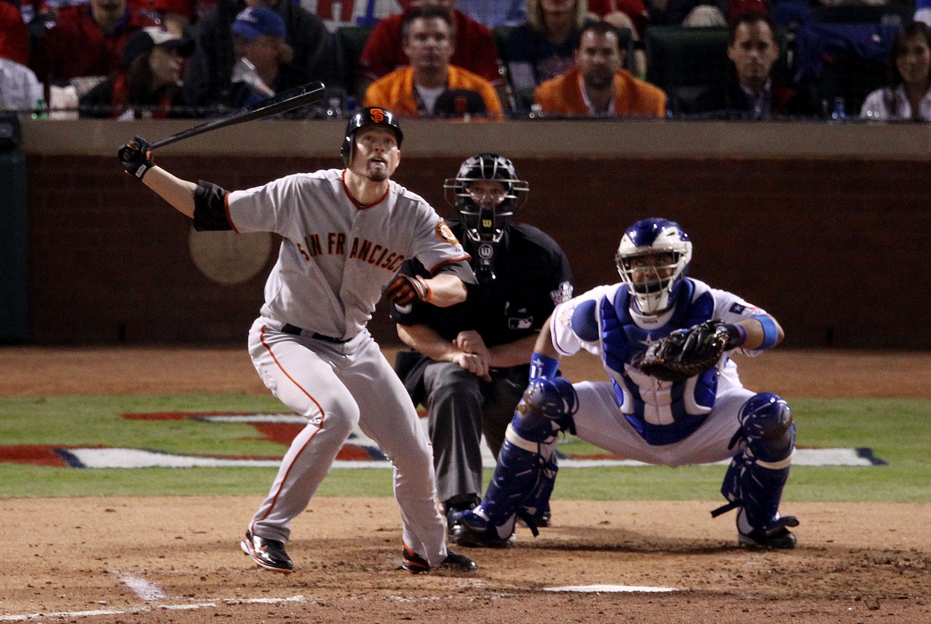 ARLINGTON, TX - NOVEMBER 01:  Aubrey Huff #17 of the San Francisco Giants hits a single against the Texas Rangers in the fifth inning of Game Five of the 2010 MLB World Series at Rangers Ballpark in Arlington on November 1, 2010 in Arlington, Texas.  (Pho