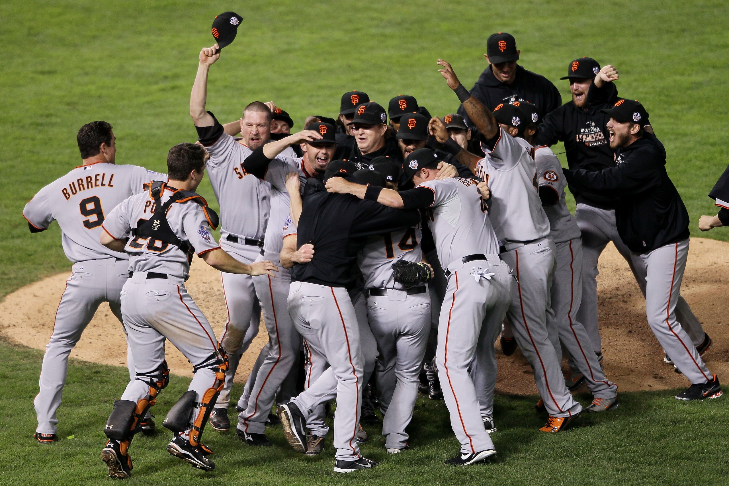 ARLINGTON, TX - NOVEMBER 01: The San Francisco Giants celebrate their 3-1 victory to win the World Series over the Texas Rangers in Game Five of the 2010 MLB World Series at Rangers Ballpark in Arlington on November 1, 2010 in Arlington, Texas. (Photo b ARLINGTON, TX - NOVEMBER 01: The San Francisco Giants celebrate their 3-1 victory to win the World Series over the Texas Rangers in Game Five of the 2010 MLB World Series at Rangers Ballpark in Arlington on November 1, 2010 in Arlington, Texas. (Photo b