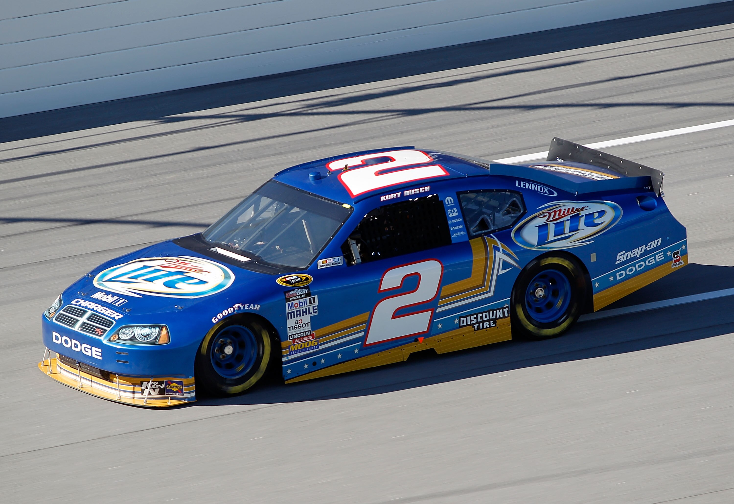 TALLADEGA, AL - OCTOBER 29:  Kurt Busch drives the #2 Operation Home Front/Miller Lite Dodge during practice for the NASCAR Sprint Cup Series AMP Energy Juice 500 at Talladega Superspeedway on October 29, 2010 in Talladega, Alabama.  (Photo by Todd Warsha