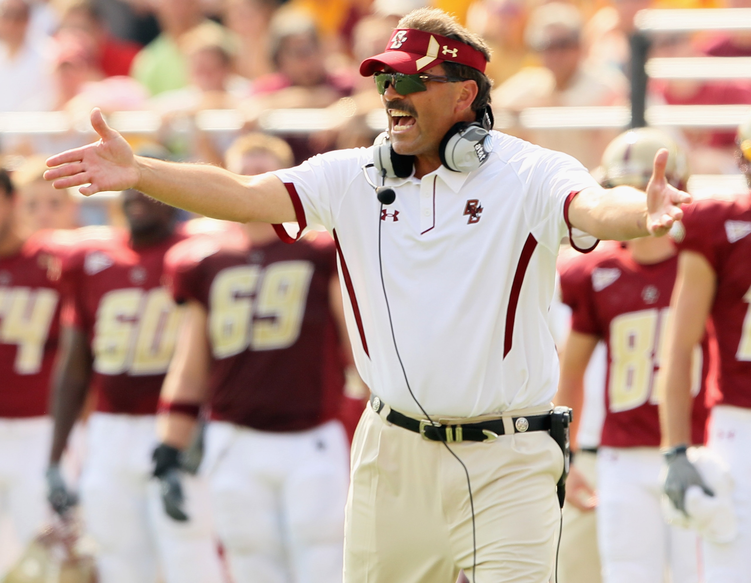 CHESTNUT HILL, MA - SEPTEMBER 25: Head coach Frank Spaziani of the Boston College Eagles reacts after Dave Shinskie is hit after the whistle in the final minutes of the first half against the Virginia Tech Hokies on September 25, 2010 at Alumni Stadium i CHESTNUT HILL, MA - SEPTEMBER 25: Head coach Frank Spaziani of the Boston College Eagles reacts after Dave Shinskie is hit after the whistle in the final minutes of the first half against the Virginia Tech Hokies on September 25, 2010 at Alumni Stadium i