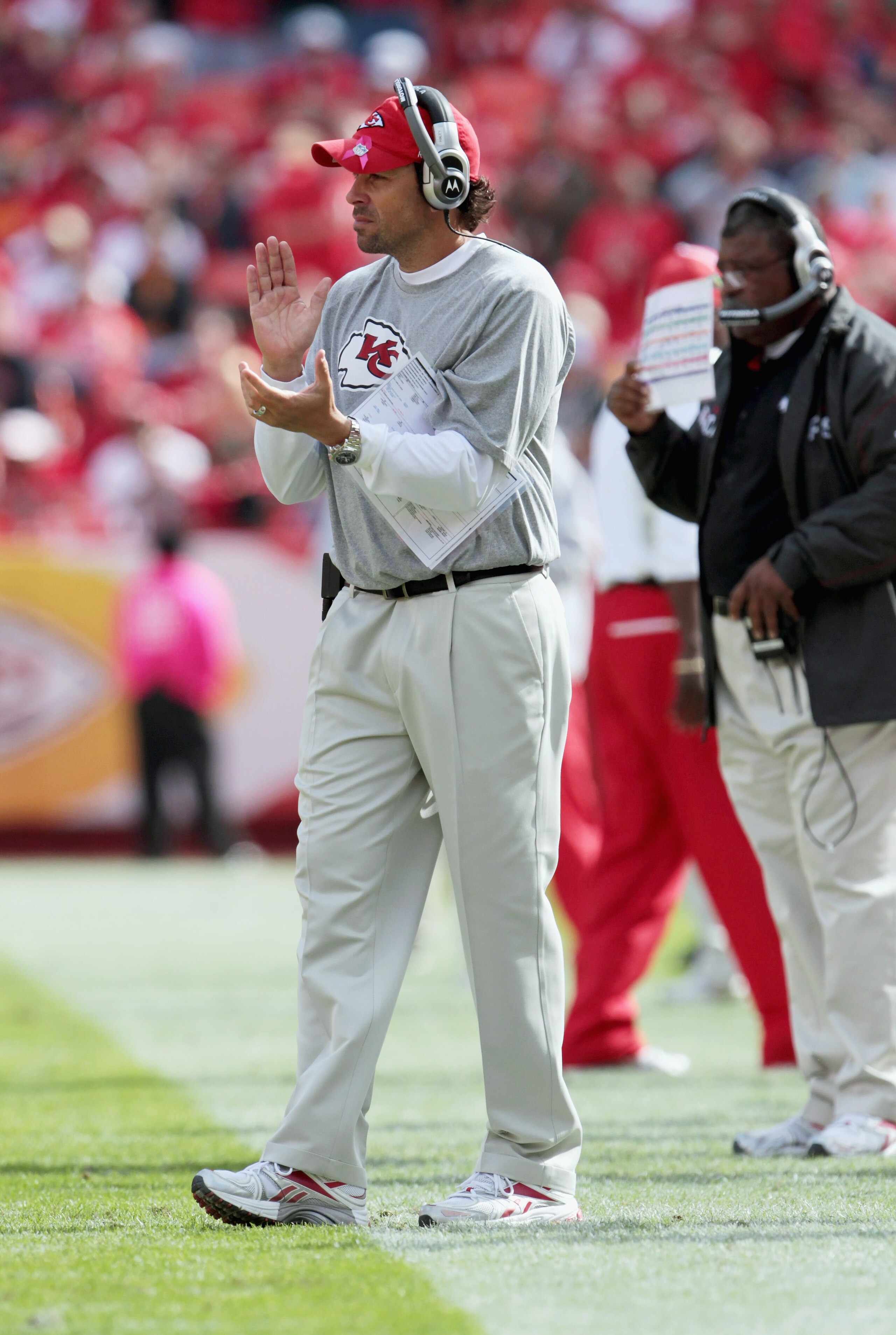 KANSAS CITY, MO - OCTOBER 24: Head coach Todd Haley of the Kansas City Chiefs watches from the sidelines during the game against the Jacksonville Jaguars on October 24, 2010 at Arrowhead Stadium in Kansas City, Missouri. (Photo by Jamie Squire/Getty Ima KANSAS CITY, MO - OCTOBER 24: Head coach Todd Haley of the Kansas City Chiefs watches from the sidelines during the game against the Jacksonville Jaguars on October 24, 2010 at Arrowhead Stadium in Kansas City, Missouri. (Photo by Jamie Squire/Getty Ima