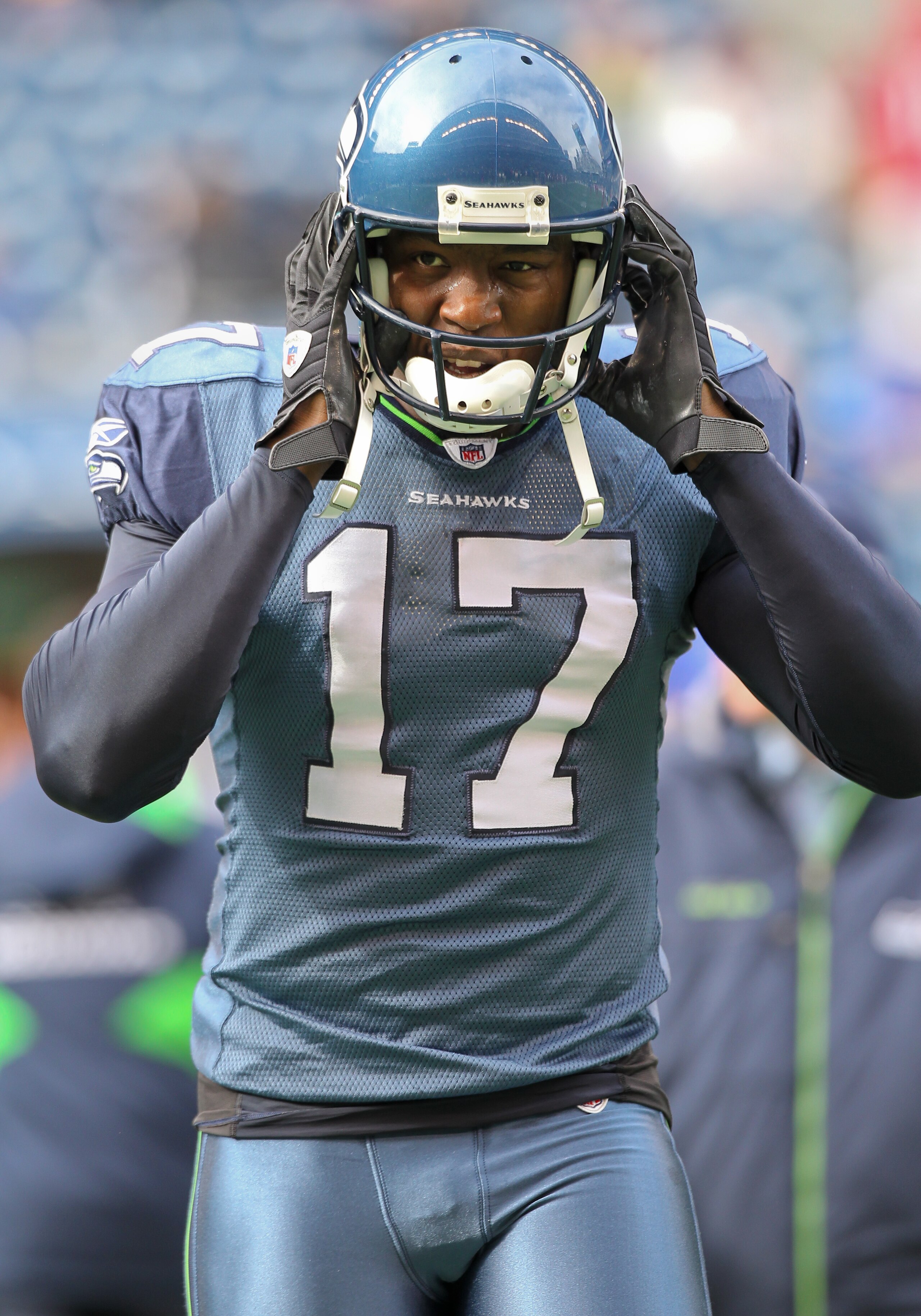SEATTLE - OCTOBER 24:  Wide receiver Mike Williams #17 of the Seattle Seahawks looks on during warmups prior to the game against the Arizona Cardinals at Qwest Field on October 24, 2010 in Seattle, Washington. (Photo by Otto Greule Jr/Getty Images)