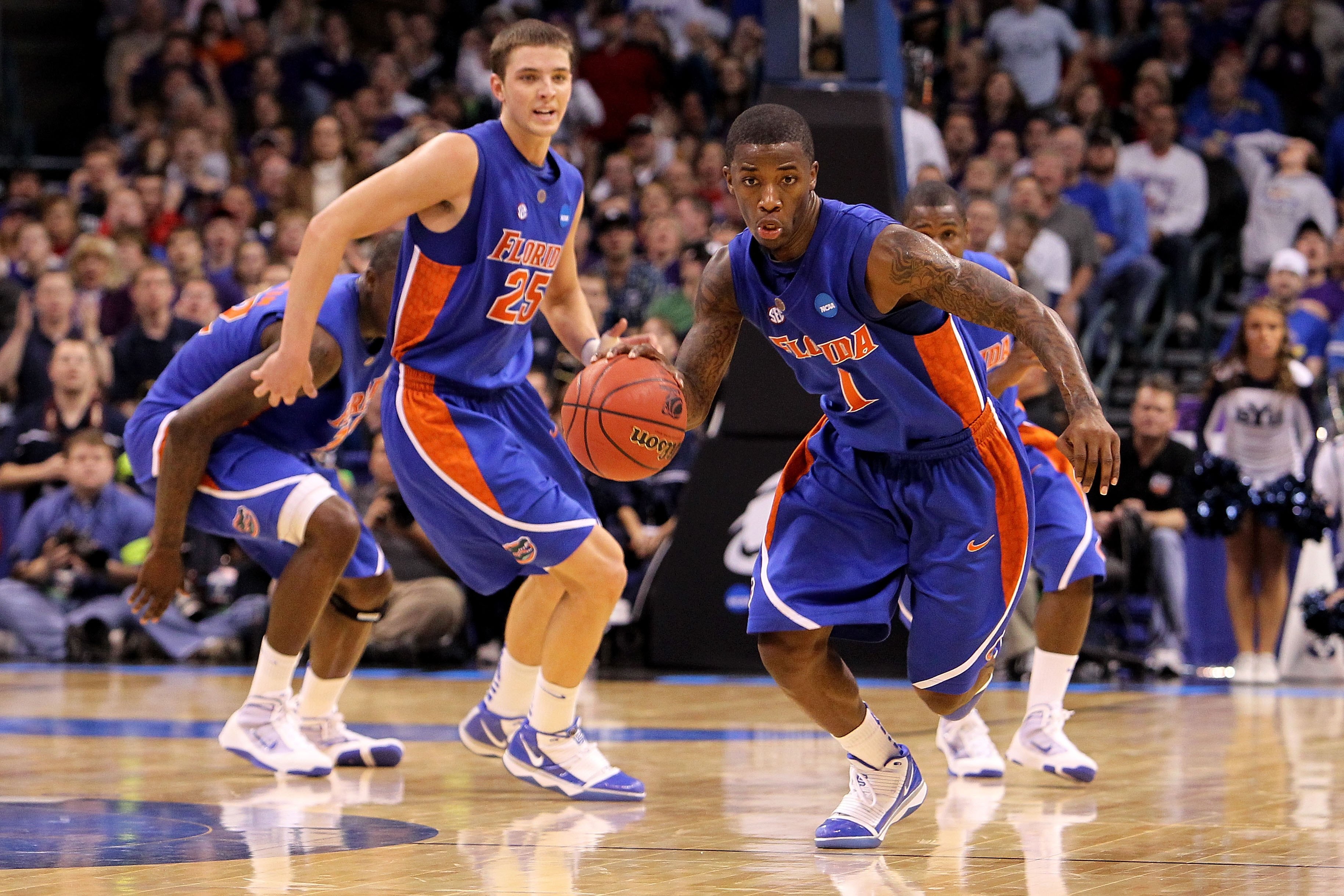 OKLAHOMA CITY - MARCH 18:  Kenny Boynton #1 of  the Florida Gators pushes the ball up court in overtime against the BYU Cougars during the first round of the 2010 NCAA menï¿½s basketball tournament at Ford Center on March 18, 2010 in Oklahoma City, Oklahoma