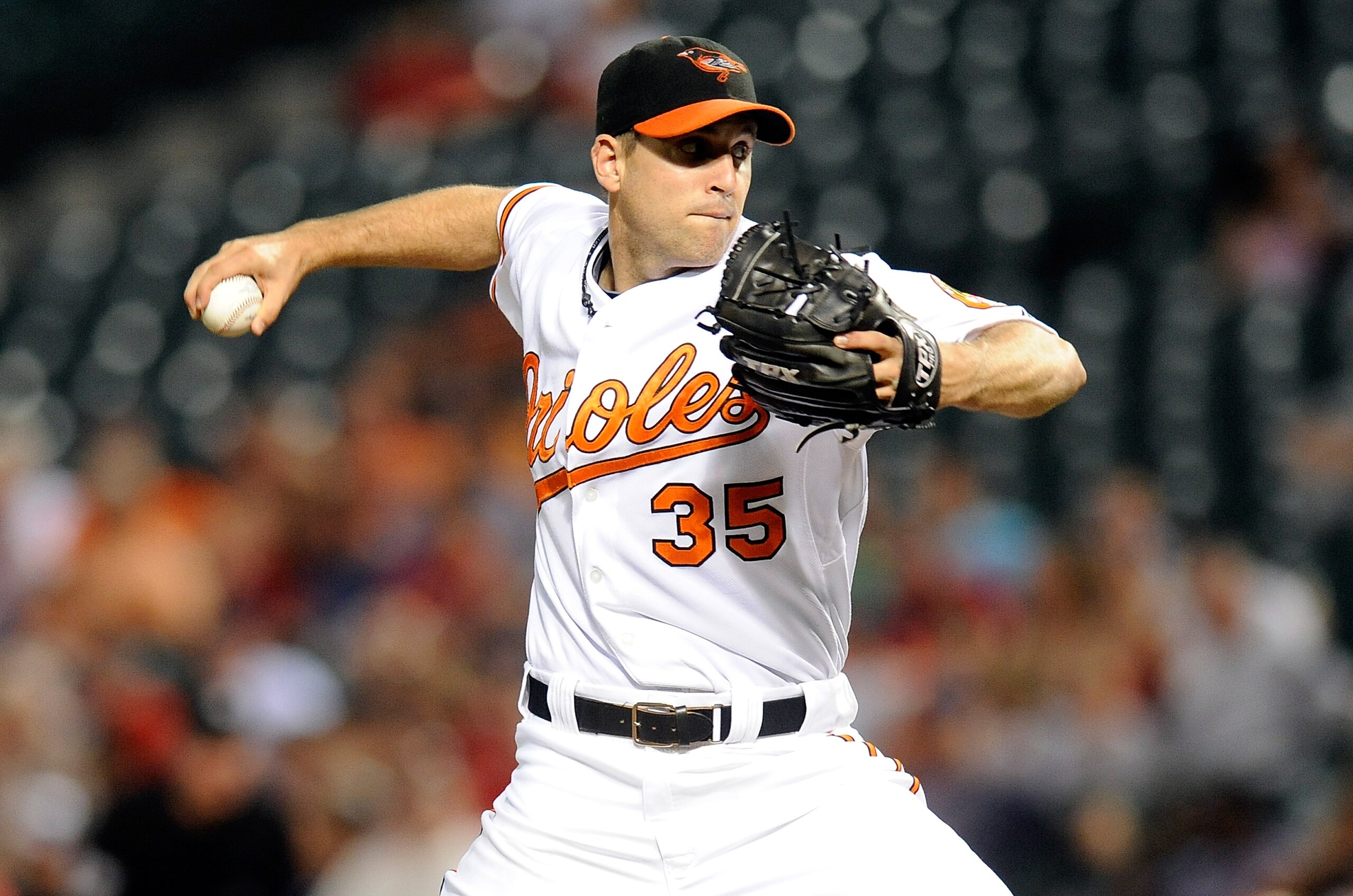 BALTIMORE - SEPTEMBER 02:  Brad Bergesen #35 of the Baltimore Orioles pitches against the Boston Red Sox at Camden Yards on September 2, 2010 in Baltimore, Maryland.  (Photo by Greg Fiume/Getty Images)