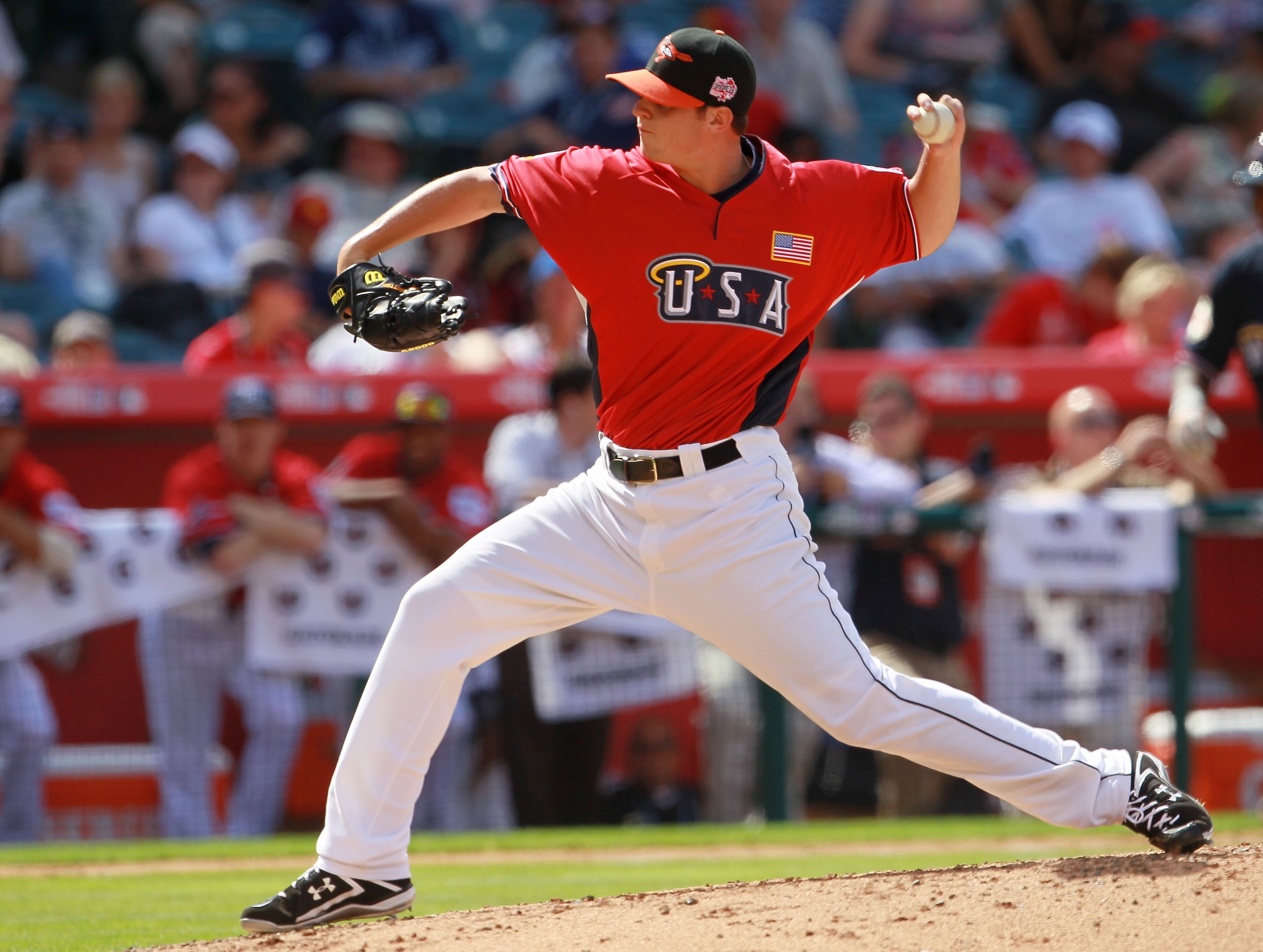 ANAHEIM, CA - JULY 11:  U.S. Futures All-Star Zach Britton #12 of the Baltimore Orioles throws a pitch during the 2010 XM All-Star Futures Game at Angel Stadium of Anaheim on July 11, 2010 in Anaheim, California.  (Photo by Jeff Gross/Getty Images)