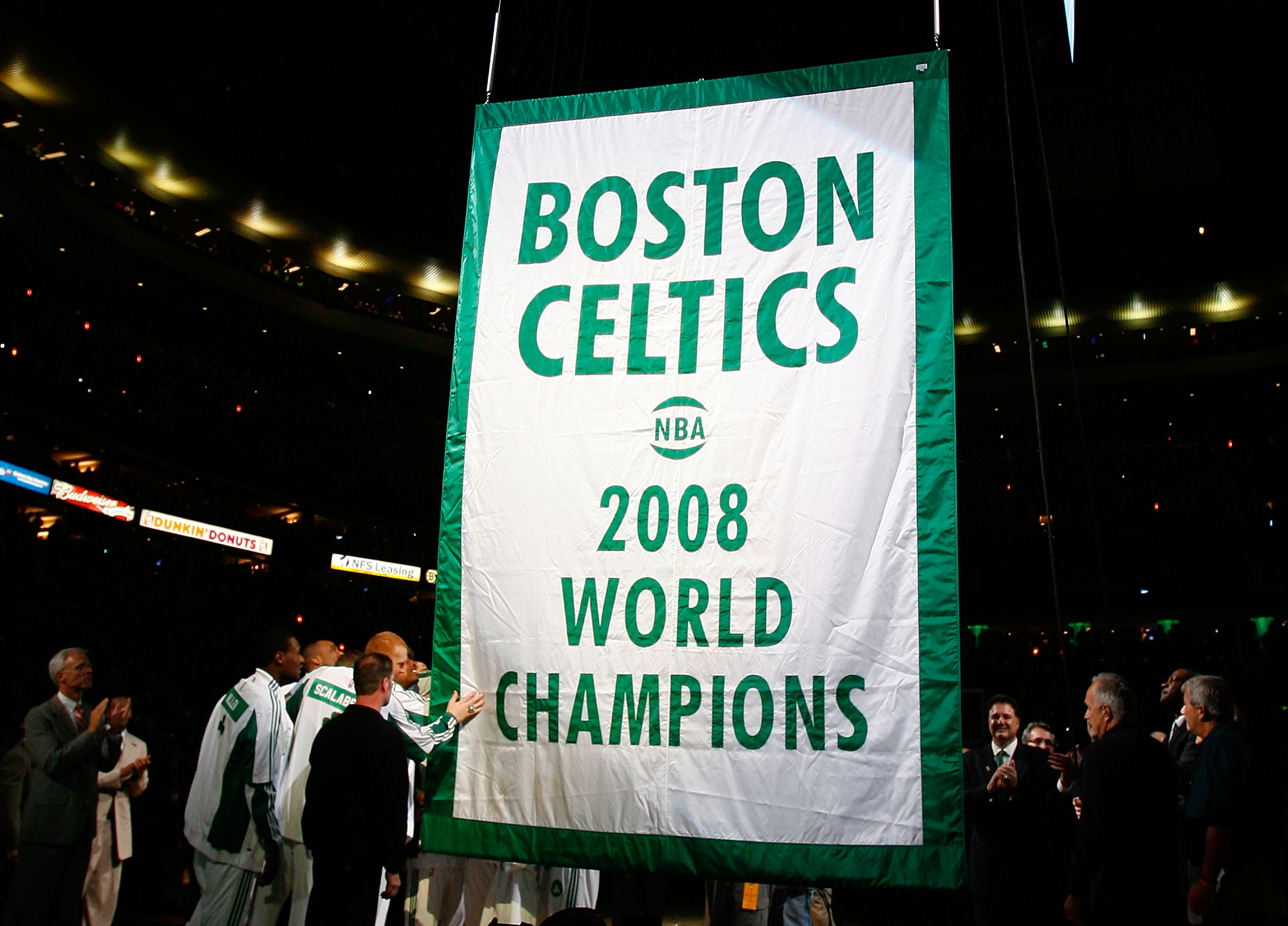 BOSTON, MA - OCTOBER 28: The Boston Celtics raise 2008 World Championship banner during the 2008 NBA World Championship ceremony before a game against the Cleveland Cavaliers at the TD Banknorth Garden on October 28, 2008 in Boston, Massachusetts. NOTE TO