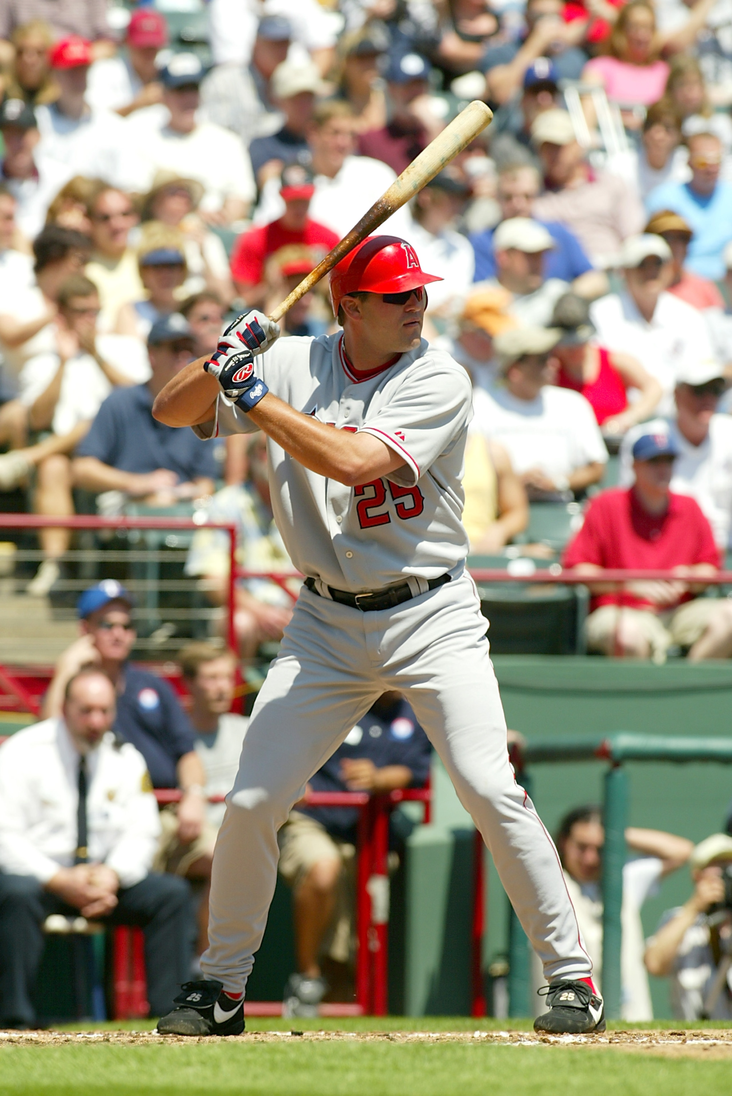 ARLINGTON, TX - APRIL 9:  Third baseman Troy Glaus #25 of the Anaheim Angels at bat during the game against the Texas Rangers at the Ballpark in Arlington on April 9, 2004 in Arlington, Texas. The Rangers won 12-4. (Photo by Ronald Martinez/Getty Images)