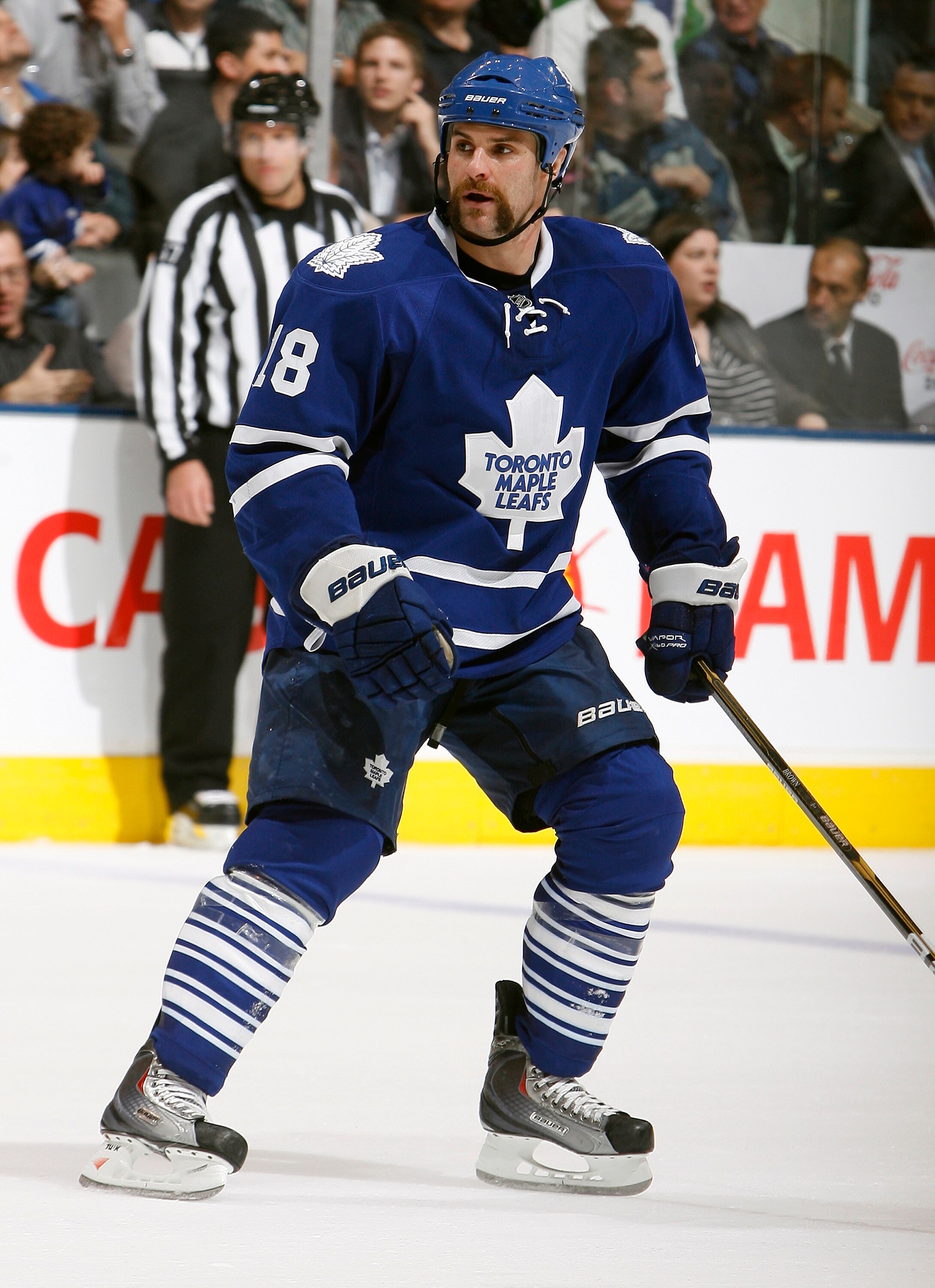 TORONTO - OCTOBER 26: Mike Brown #18 of the Toronto Maple Leafs skates up the ice against the Florida Panthers during game action at the Air Canada Centre October 26, 2010 in Toronto, Ontario, Canada. The Leafs won 3-1. (Photo by Abelimages/Getty Images)