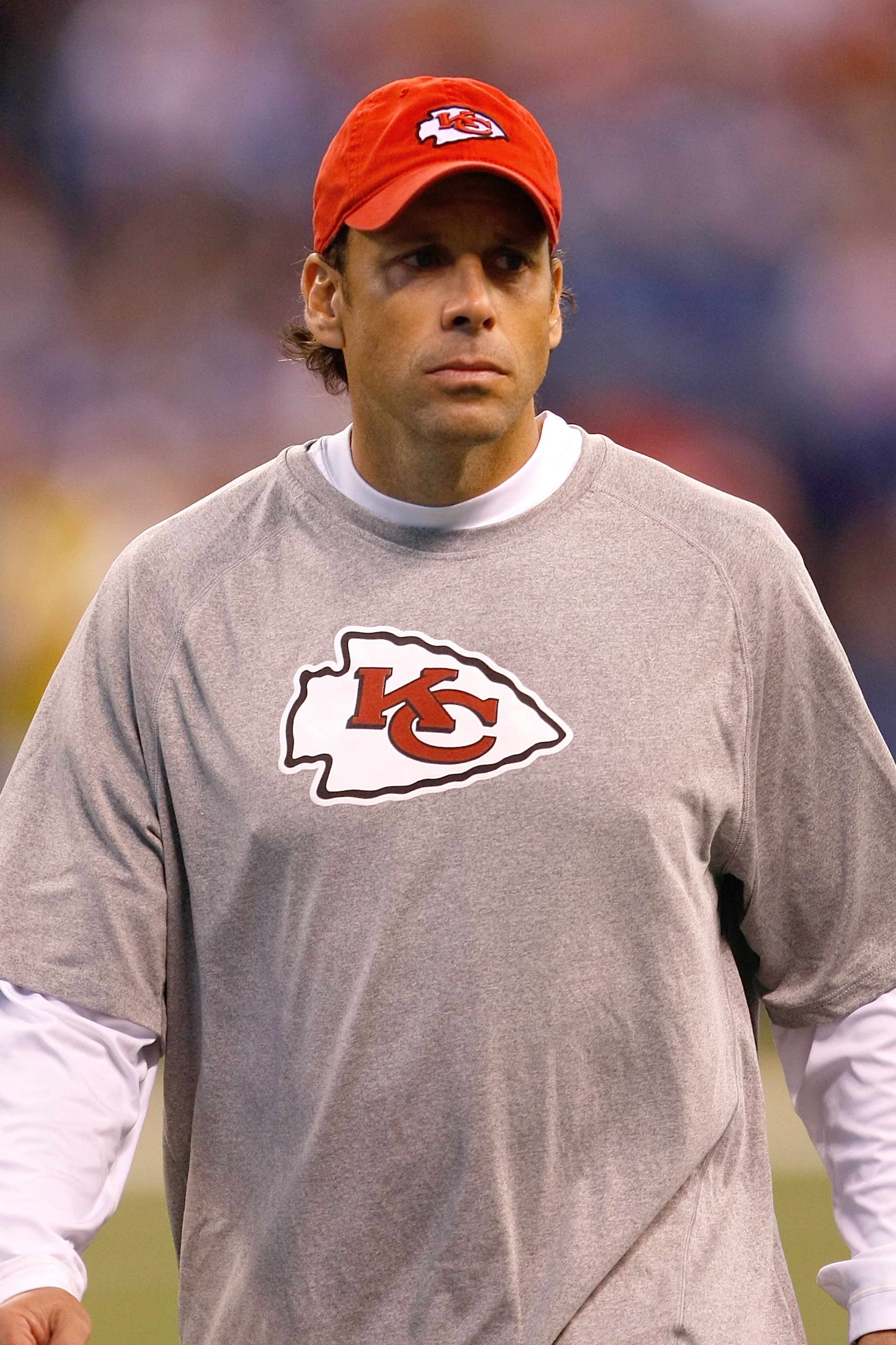 INDIANAPOLIS, IN - OCTOBER 10: Todd Haley of the Kansas City Chiefs looks on in pregame warm ups against the Indianapolis Colts at Lucas Oil Stadium on October 10, 2010 in Indianapolis, Indiana.  (Photo by Scott Boehm/Getty Images)