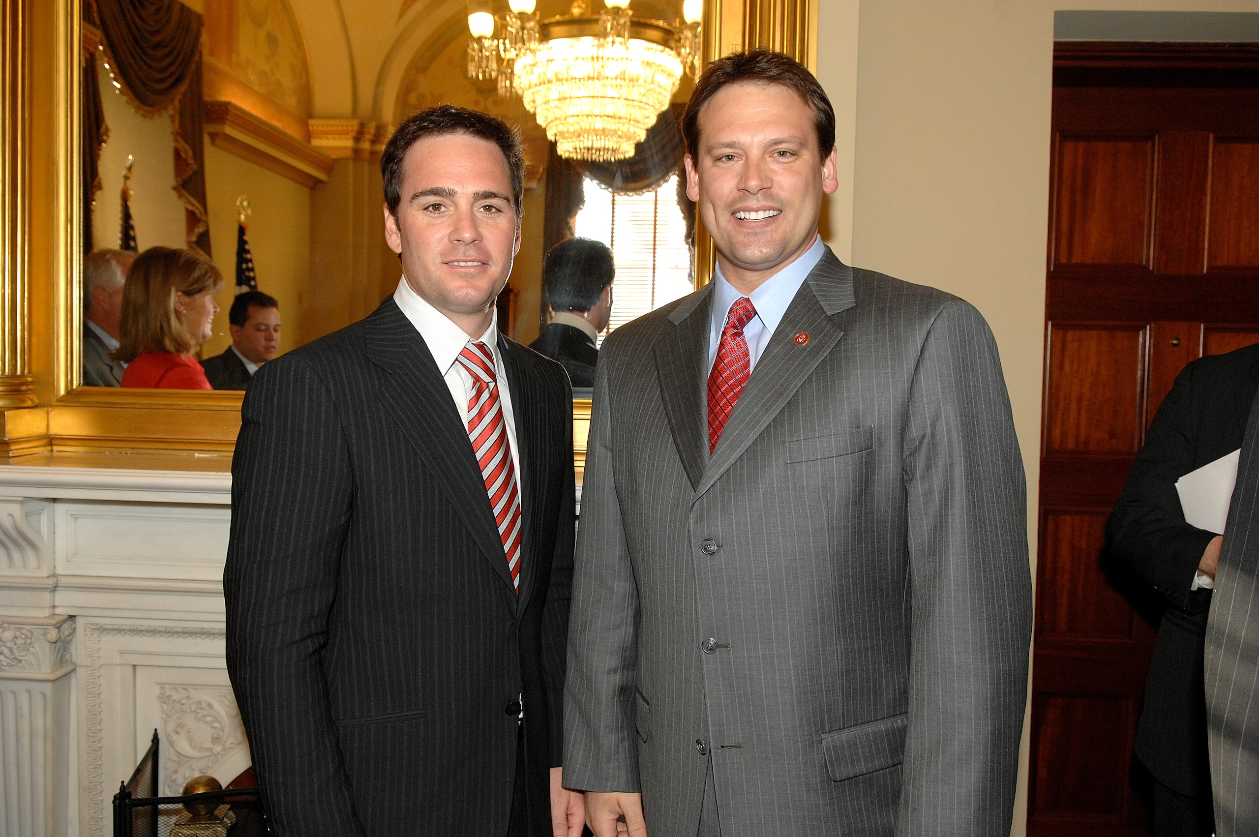 WASHINGTON D.C. - FEBRUARY 5: Nextel Cup Champion Jimmie Johnson (L) poses with Congressman Heath Shuler of North Carolina (R) on February 5, 2007 in Washington D.C. (Photo by Mitchell Layton/Getty Images for NASCAR)