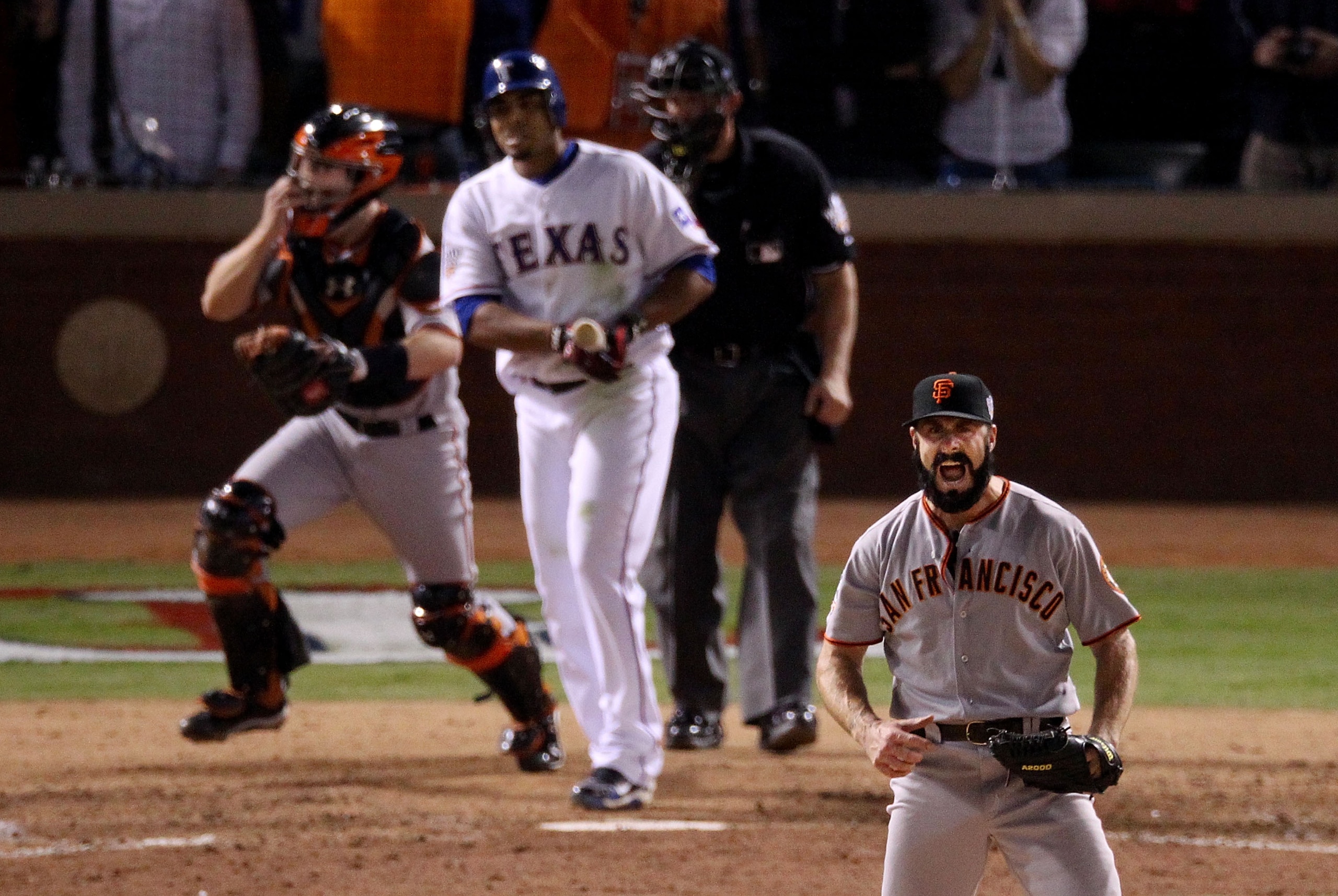 ARLINGTON, TX - NOVEMBER 01:  Brian Wilson #38 of the San Francisco Giants celebrates striking out Nelson Cruz #17 of the Texas Rangers to win the 2010 MLB World Series 3-1 at Rangers Ballpark in Arlington on November 1, 2010 in Arlington, Texas.  (Photo