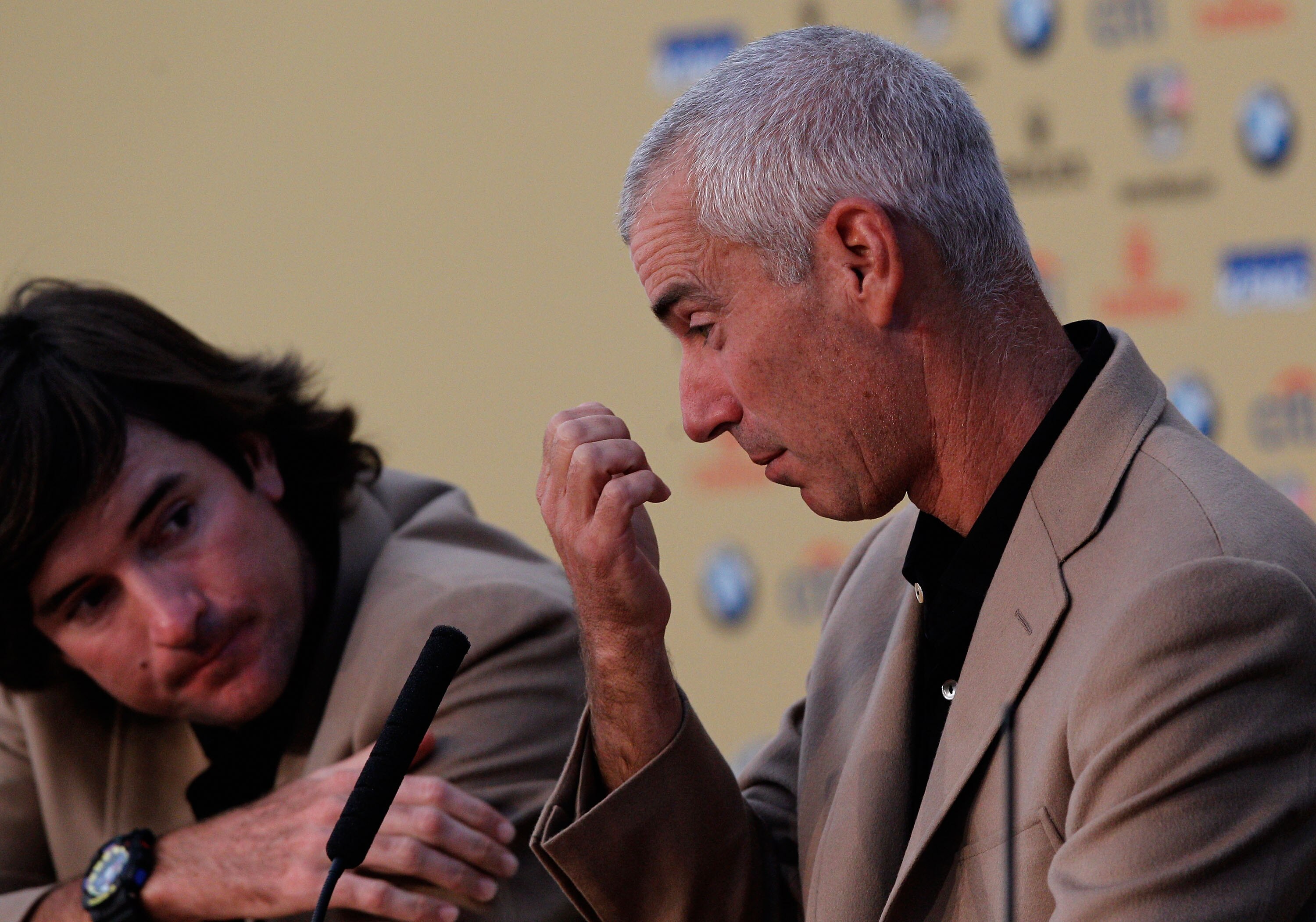 NEWPORT, WALES - OCTOBER 04: Team USA captain Corey Pavin (R) and Bubba Watson attend a press conference after the 2010 Ryder Cup at the Celtic Manor Resort on October 4, 2010 in Newport, Wales. (Photo by Sam Greenwood/Getty Images)