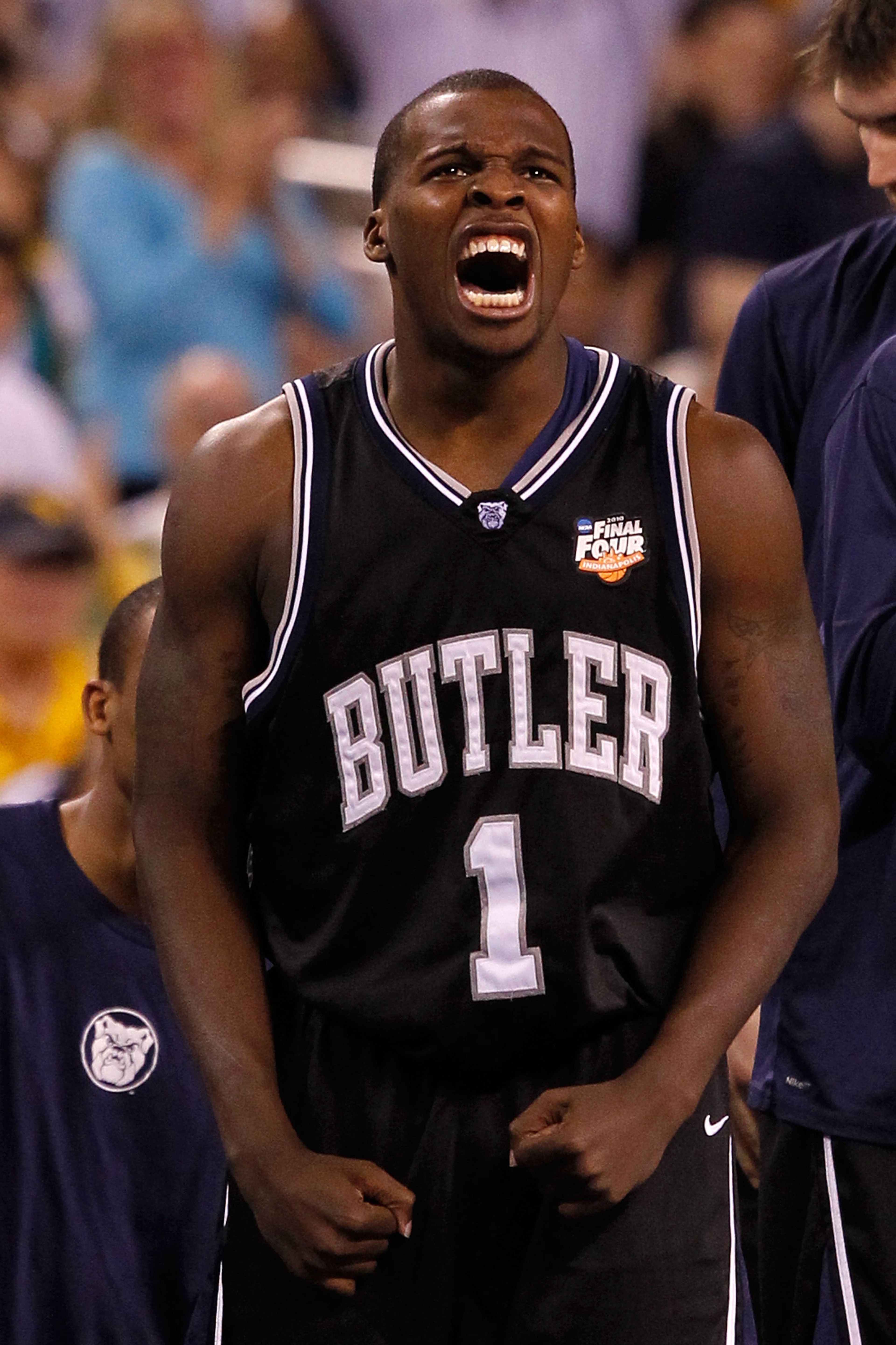 INDIANAPOLIS - APRIL 03:  Shelvin Mack #1 of the Butler Bulldogs celebrates on the bench against the Michigan State Spartans during the National Semifinal game of the 2010 NCAA Division I Men's Basketball Championship on April 3, 2010 in Indianapolis, Ind
