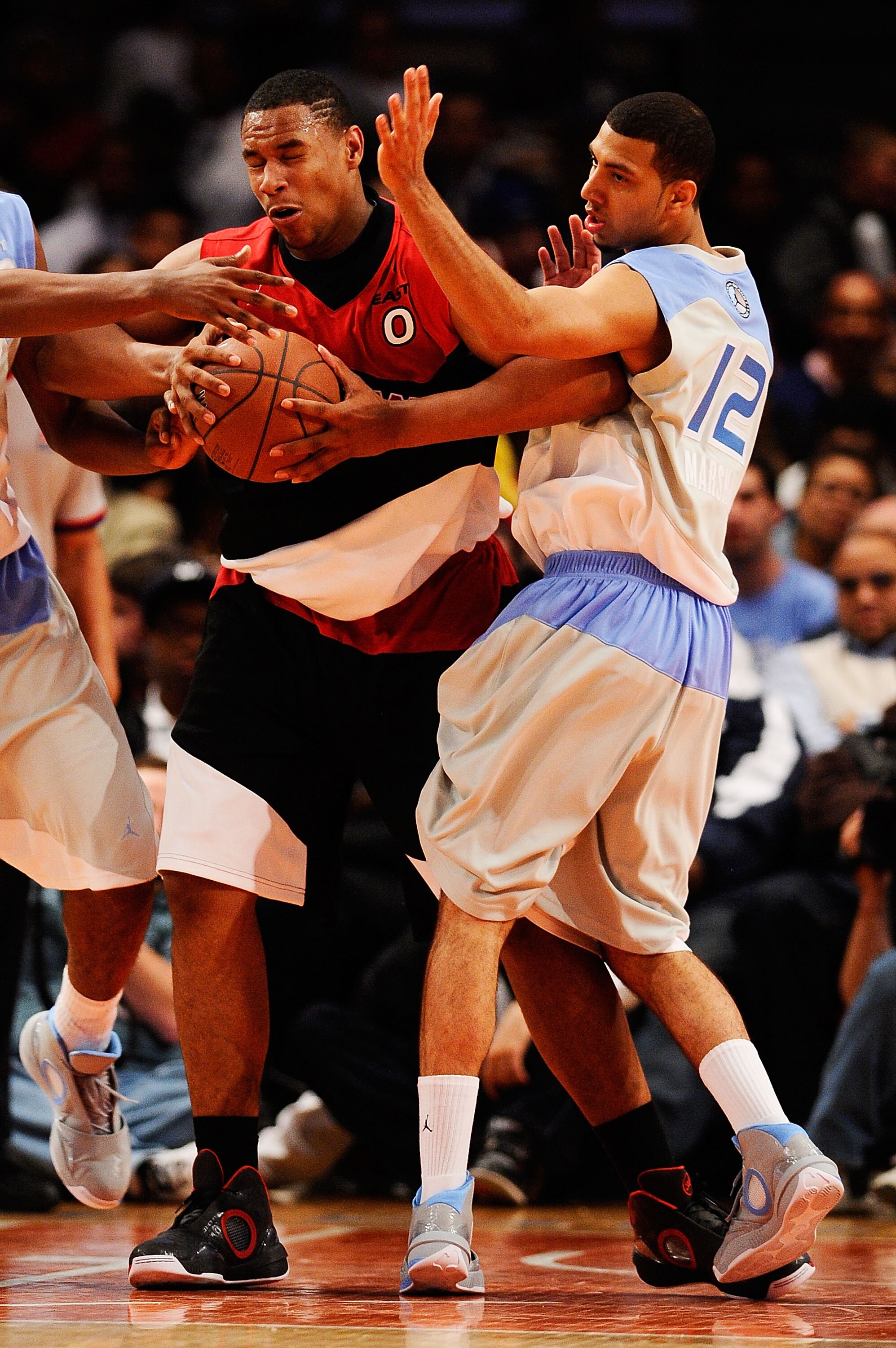 NEW YORK - APRIL 17:  Jared Sullinger #0 of East Team grabs a rebound as Tobias Harris #12 of West Team defends during the National Game at the 2010 Jordan Brand classic at Madison Square Garden on April 17, 2010 in New York City.  (Photo by Jeff Zelevans