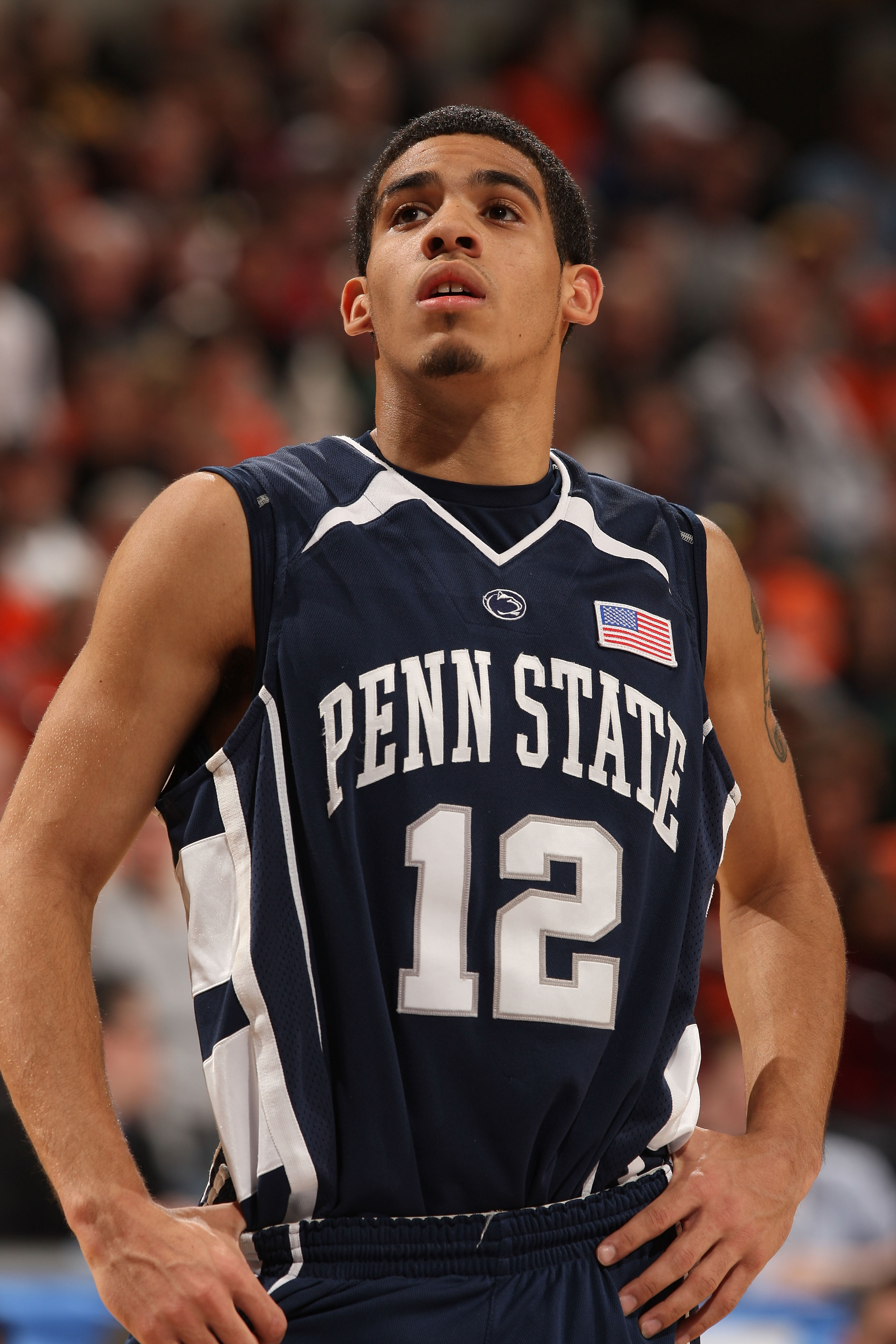 INDIANAPOLIS - MARCH 13:  Talor Battle #12 of the Penn State Nittany Lions looks on against the Purdue Boilermakers during the second round of the Big Ten Men's Basketball Tournament at Conseco Fieldhouse on March 13, 2009 in Indianapolis, Indiana.  (Phot