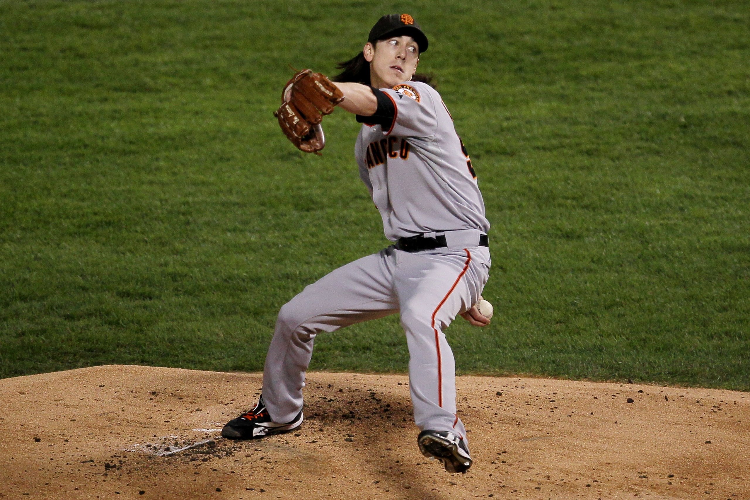 ARLINGTON, TX - NOVEMBER 01: Starting pitcher Tim Lincecum #55 of the San Francisco Giants pitches against the Texas Rangers in Game Five of the 2010 MLB World Series at Rangers Ballpark in Arlington on November 1, 2010 in Arlington, Texas. (Photo by St ARLINGTON, TX - NOVEMBER 01: Starting pitcher Tim Lincecum #55 of the San Francisco Giants pitches against the Texas Rangers in Game Five of the 2010 MLB World Series at Rangers Ballpark in Arlington on November 1, 2010 in Arlington, Texas. (Photo by St