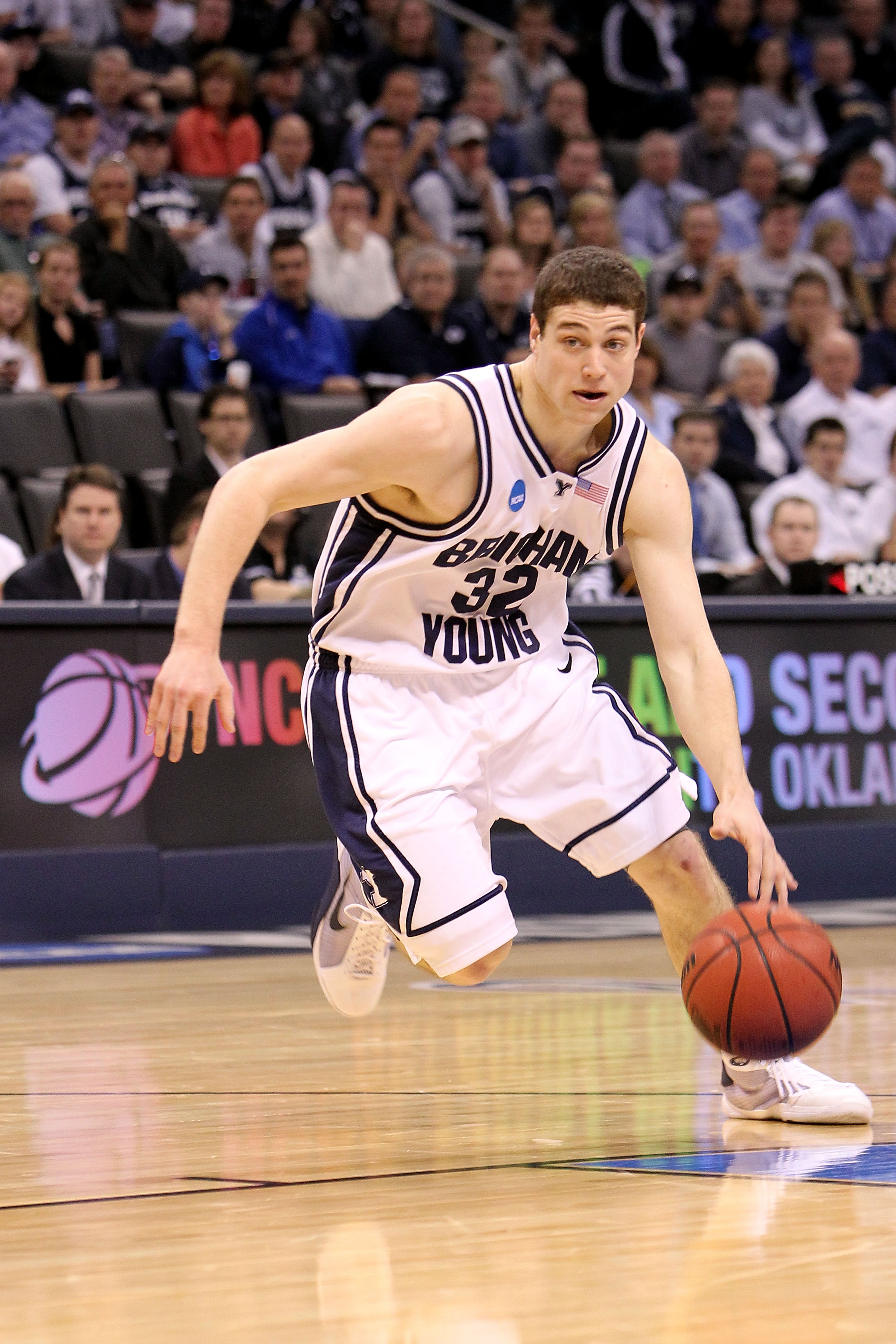 OKLAHOMA CITY - MARCH 18:  Jimmer Fredette #32 of the BYU Cougars drives against the Florida Gators during the first round of the 2010 NCAA menï¿½s basketball tournament at Ford Center on March 18, 2010 in Oklahoma City, Oklahoma.  (Photo by Ronald Martinez