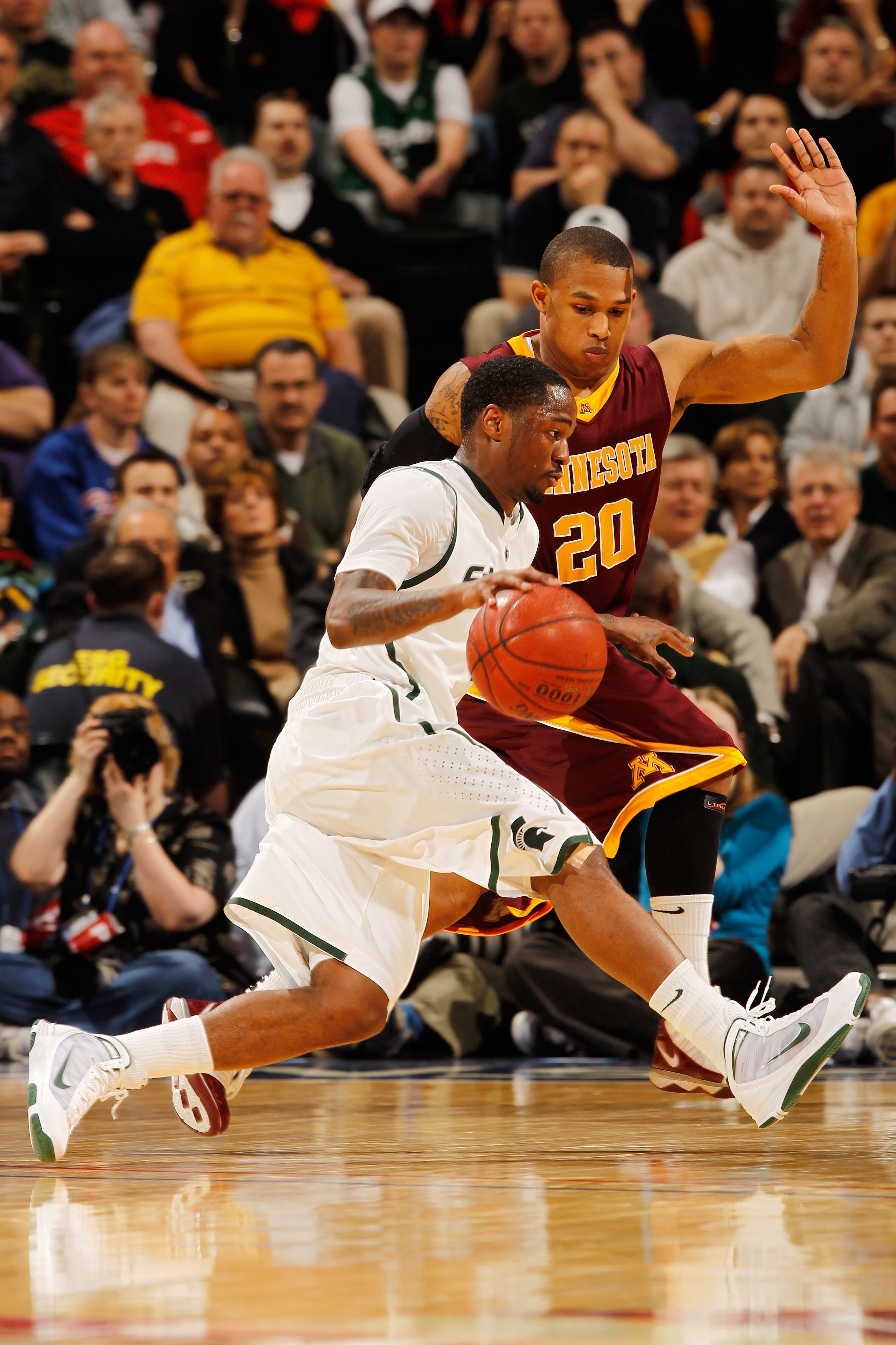 INDIANAPOLIS - MARCH 12:  Guard Kalin Lucas #1 of the Michigan State Spartans drives with the ball against the Minnesota Golden Gophers during the quarterfinals of the Big Ten Men's Basketball Tournament at Conseco Fieldhouse on March 12, 2010 in Indianap