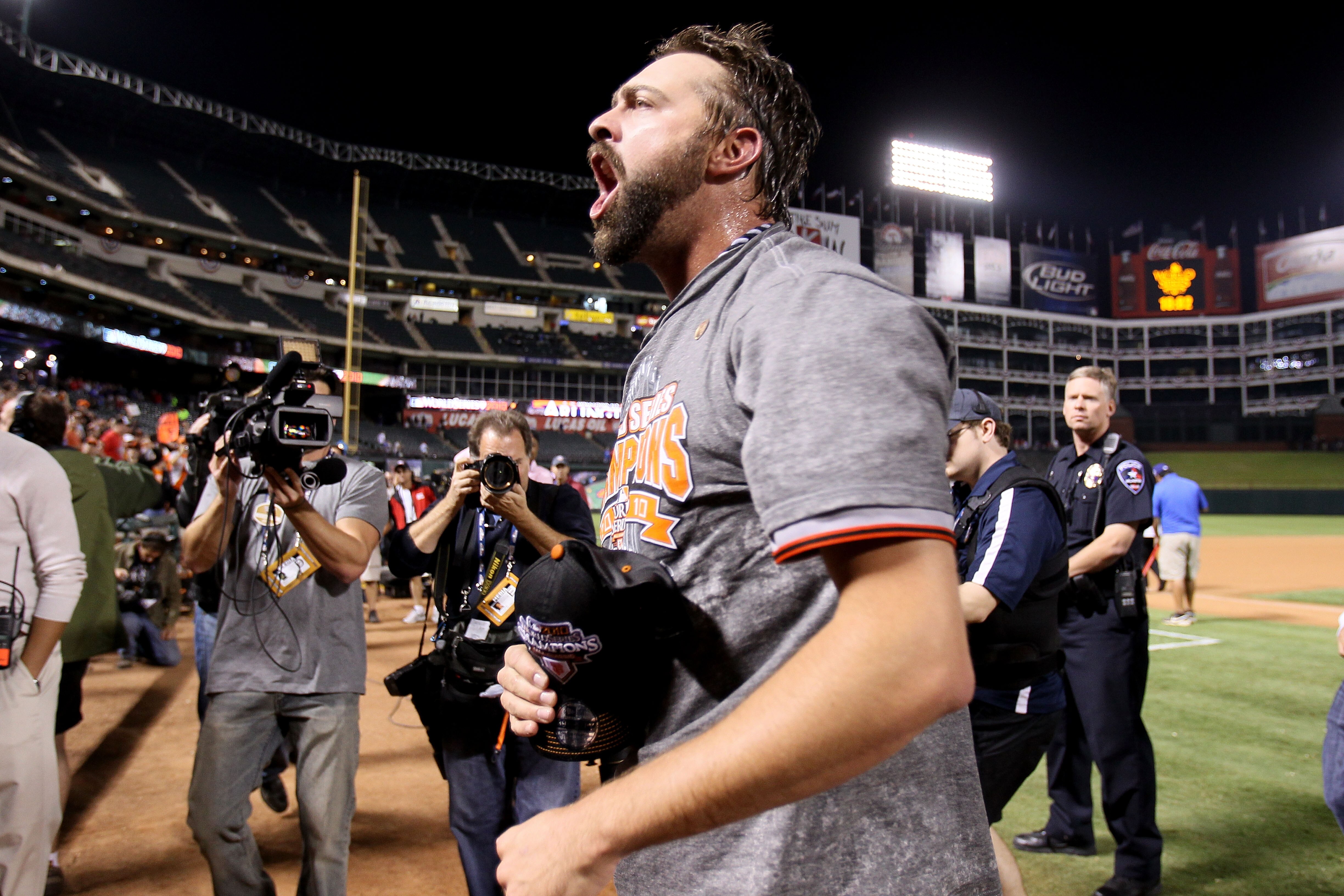 ARLINGTON, TX - NOVEMBER 01:  Closing pitcher Brian Wilson #38 of the San Francisco Giants celebrates on the field after they won 3-1 against the Texas Rangers in Game Five of the 2010 MLB World Series at Rangers Ballpark in Arlington on November 1, 2010