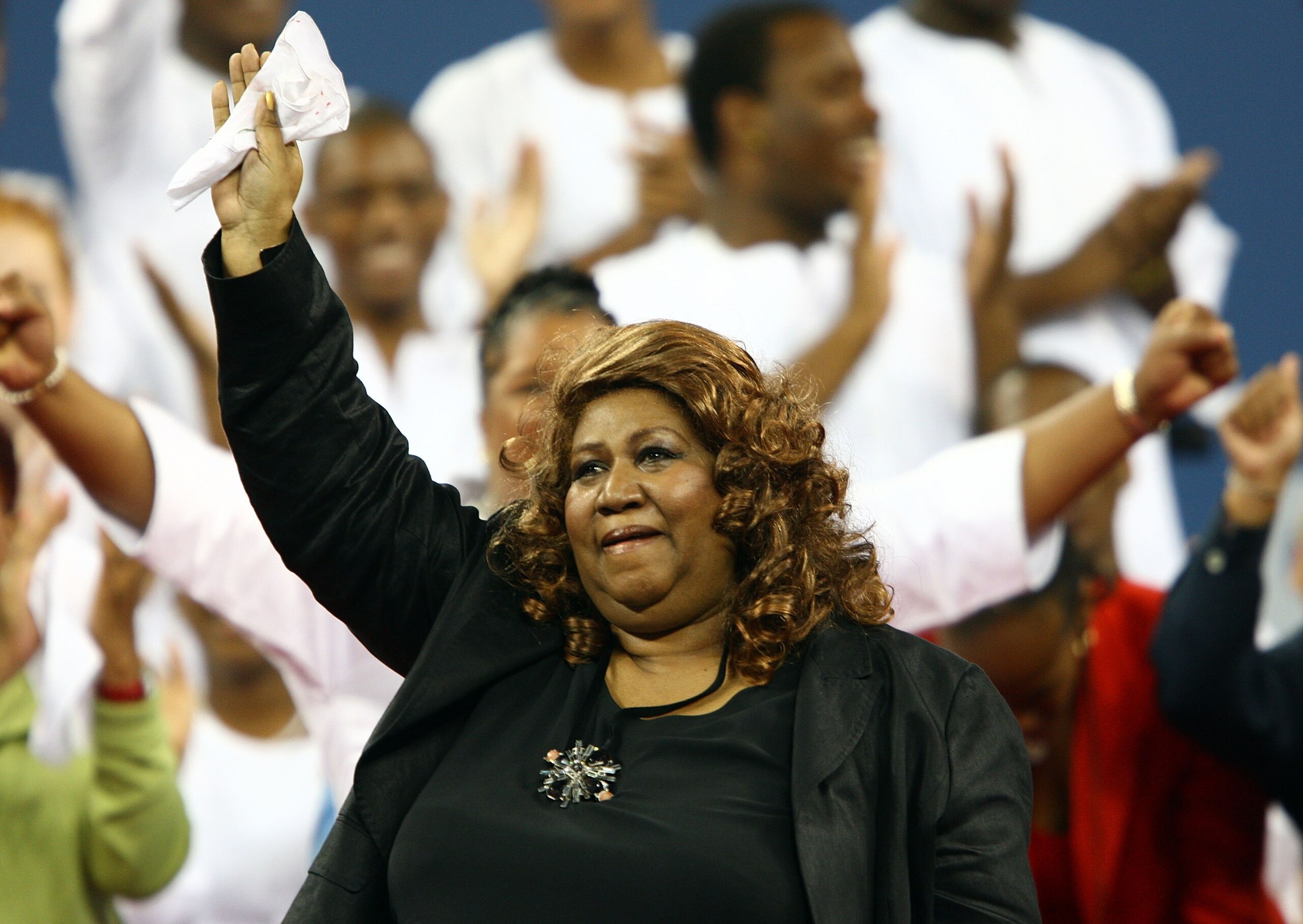 NEW YORK - AUGUST 27:  Singer Aretha Franklin performs during a tribute to Althea Gibson as part of the opening ceremonies for the 2007 U.S. Open at the Billie Jean King National Tennis Center on August 27, 2007 in the Flushing neighborhood of the Queens 