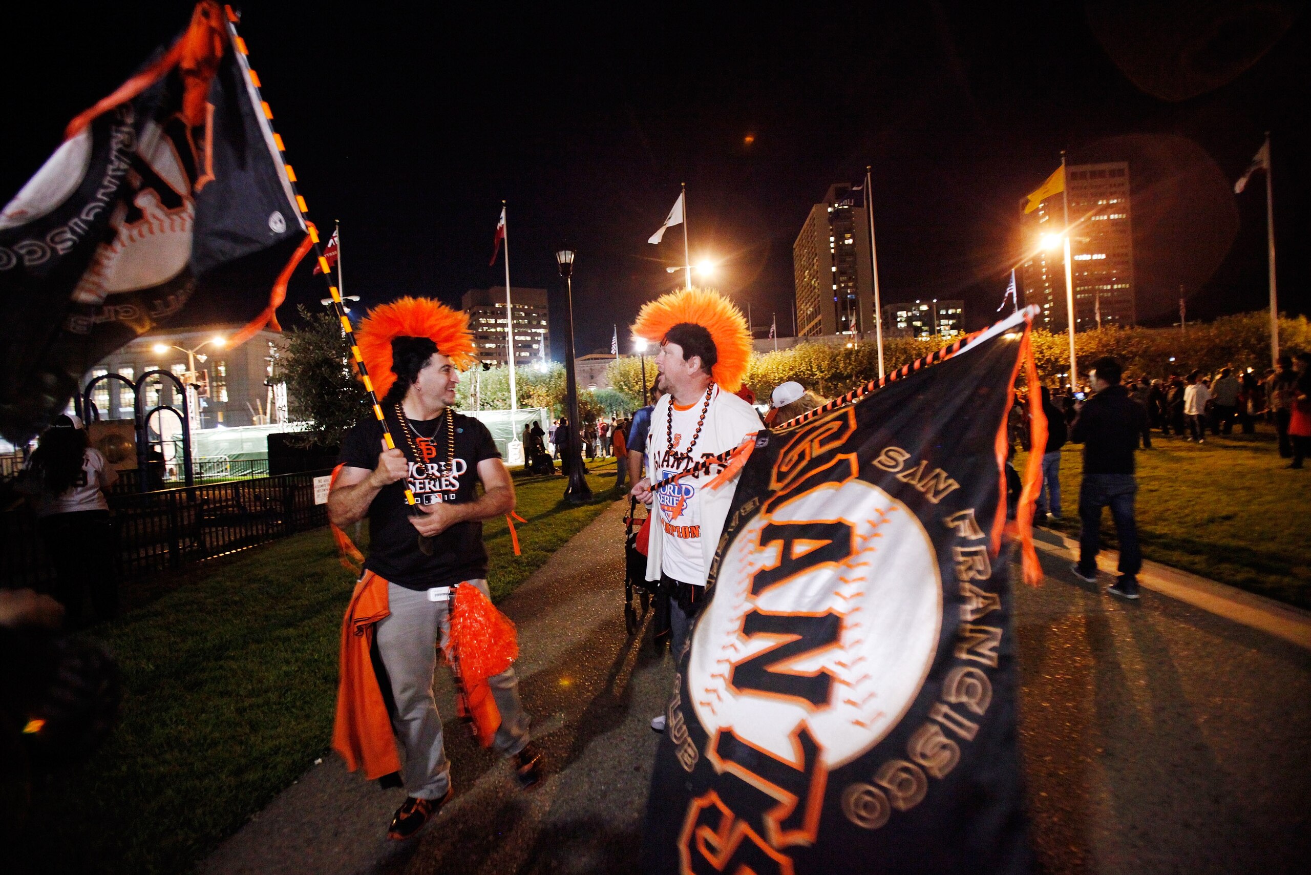 SAN FRANCISCO - NOVEMBER 01:  San Francisco Giants baseball fans celebrate the Giants World Series win at the Civic Center Plaza November 1, 2010 in San Francisco, California.  The Giants defeated the Texas Rangers 3-1 in game 5 to win their first title i