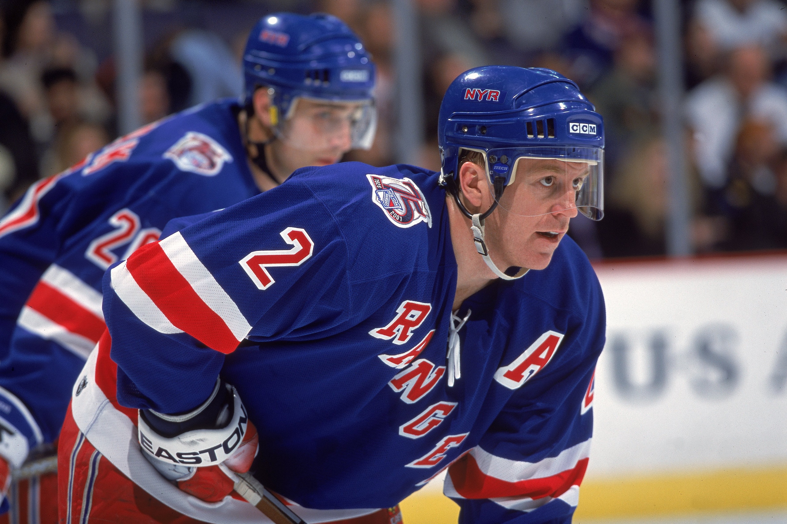 9 Mar 2001:  Brian Leetch #2 of the New York Rangers gets ready for a face off during the game against the Washington Capitals at the MCI Center in Washington, D.C. The Capitals defeated the Rangers 5-2.Mandatory Credit: Doug Pensinger  /Allsport