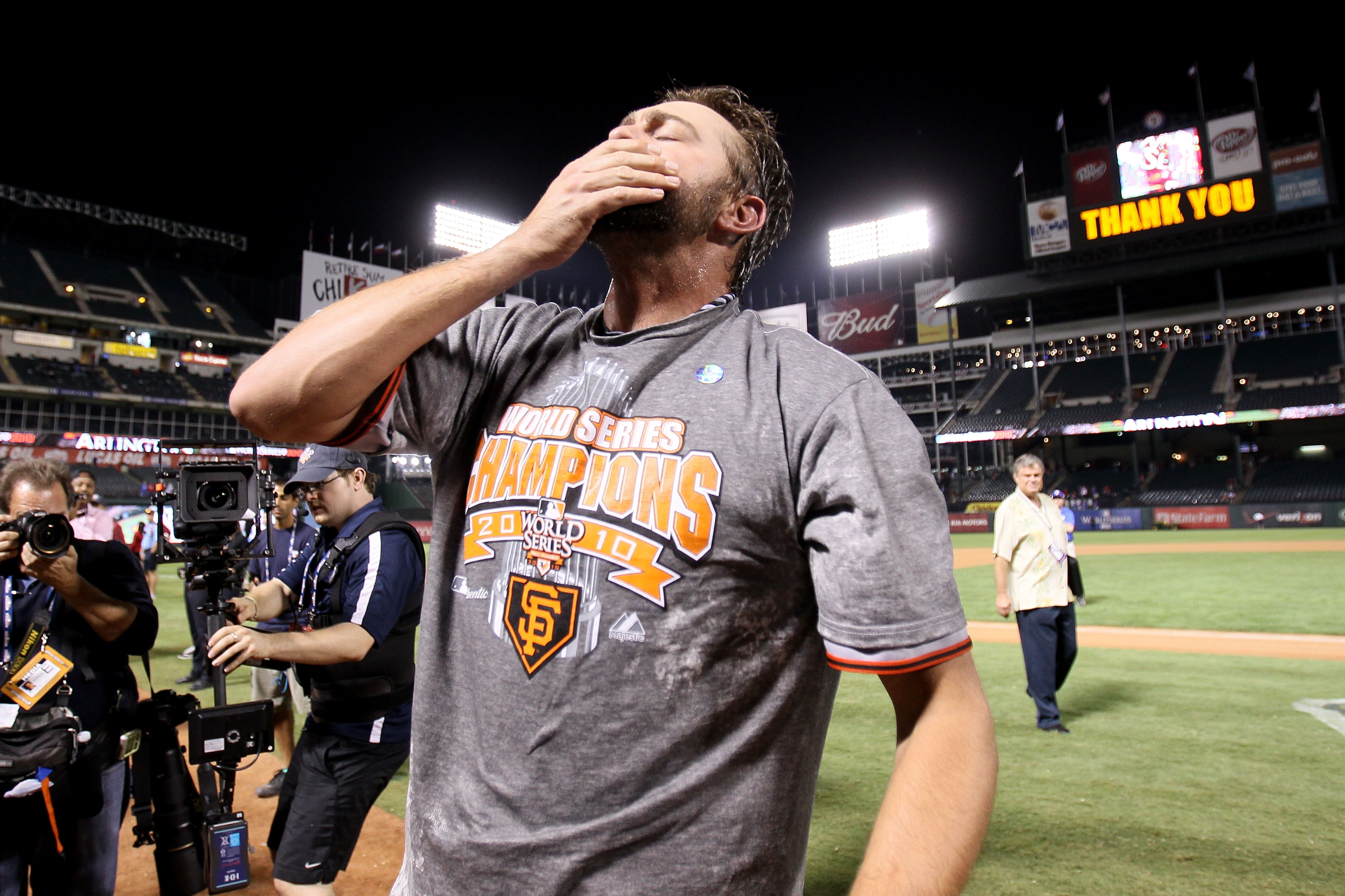 ARLINGTON, TX - NOVEMBER 01:  Closing pitcher Brian Wilson #38 of the San Francisco Giants celebrates on the field after they won 3-1 against the Texas Rangers in Game Five of the 2010 MLB World Series at Rangers Ballpark in Arlington on November 1, 2010