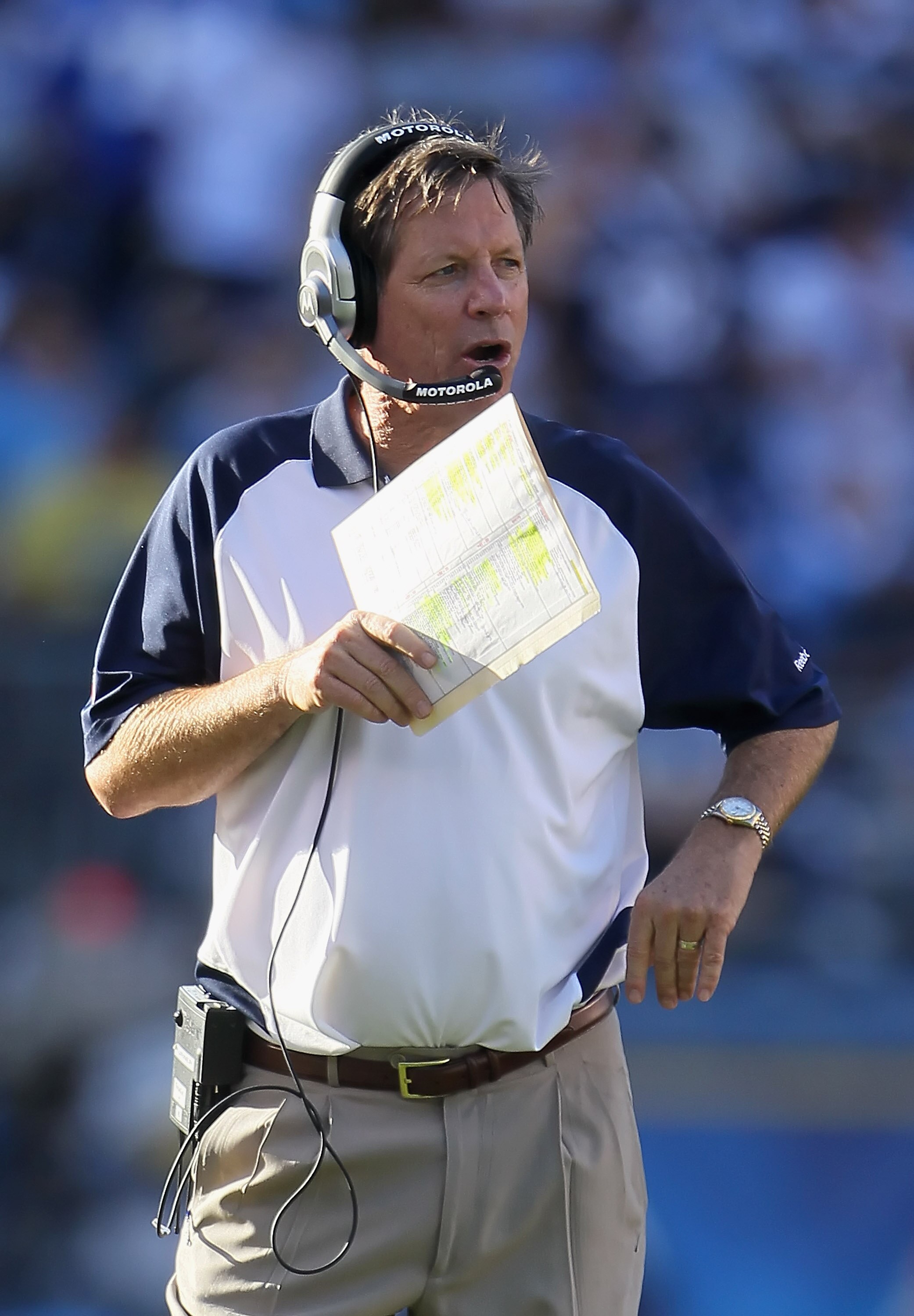 SAN DIEGO - OCTOBER 31:  San Diego Chargers head coach Norv Turner looks on from the sideline against the Tennessee Titans at Qualcomm Stadium on October 31, 2010 in San Diego, California. The Chargers defeated the Titans 33-25.  (Photo by Jeff Gross/Gett