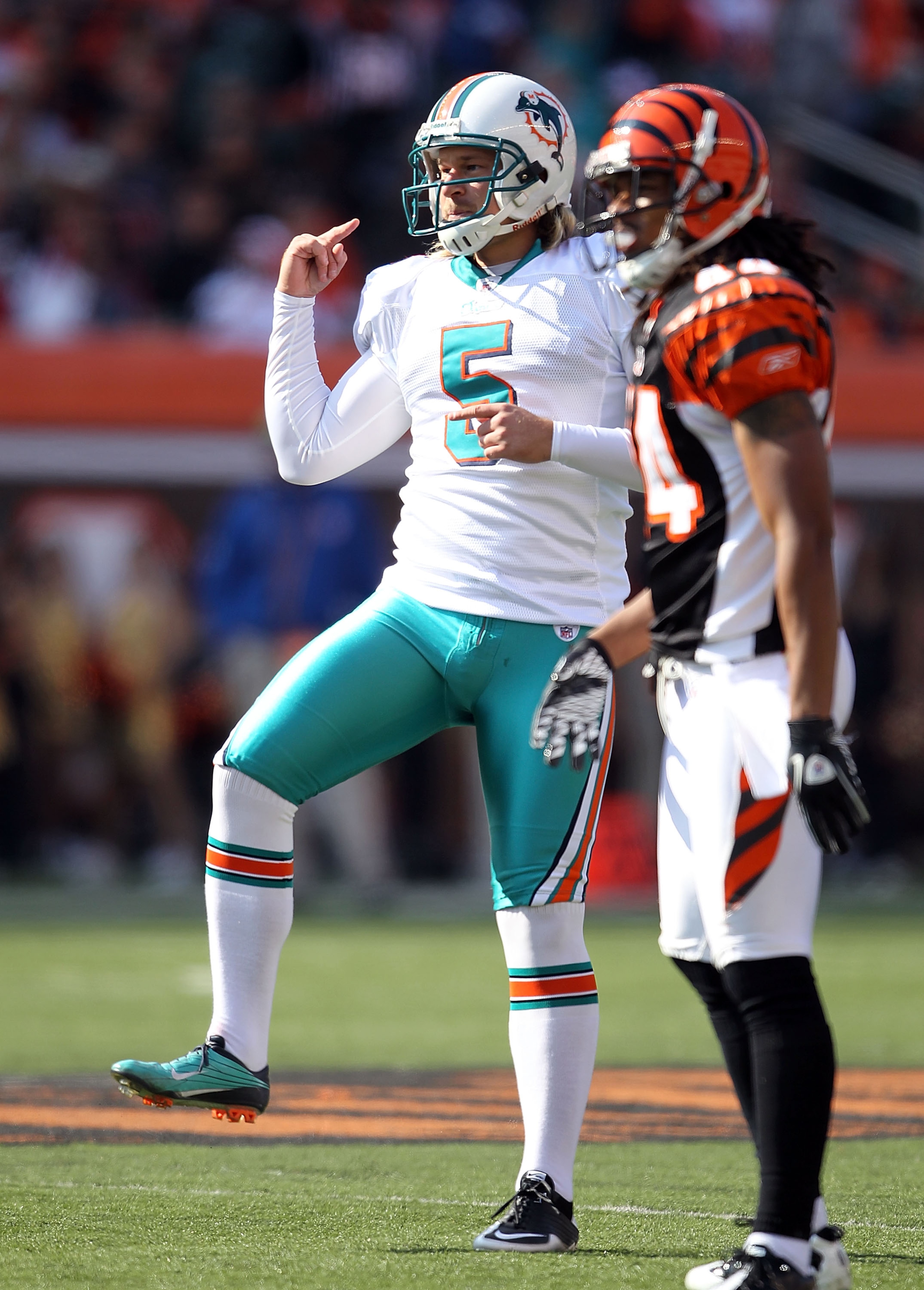 CINCINNATI - OCTOBER 31:  Dan Carpenter #5 of the Miami Dolphins celebrates on of his five field goals during the NFL game against the Cincinnati Bengals at Paul Brown Stadium on October 31, 2010 in Cincinnati, Ohio.  (Photo by Andy Lyons/Getty Images)