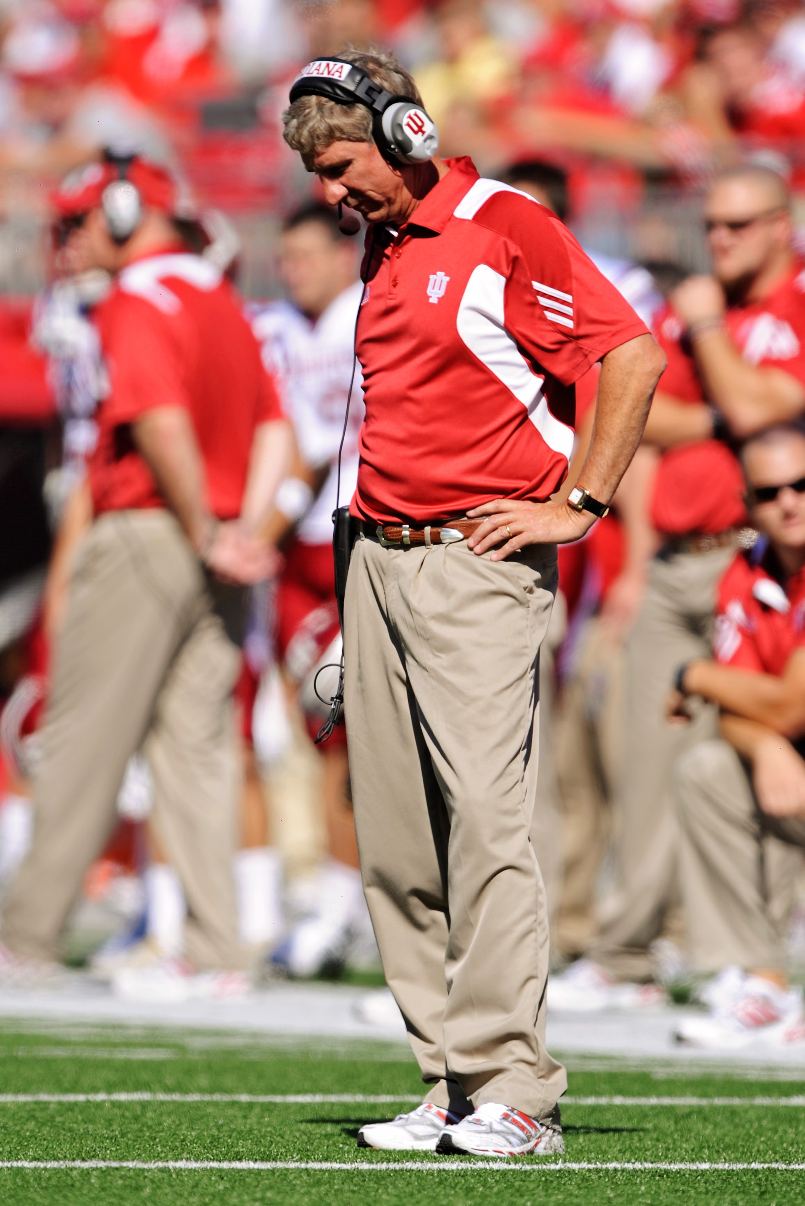 COLUMBUS, OH - OCTOBER 9:  Head coach Bill Lynch of the Indiana Hoosiers looks down at the field after finding out his team did not make a first down on a short yardage play against the Ohio State Buckeyes at Ohio Stadium on October 9, 2010 in Columbus, O