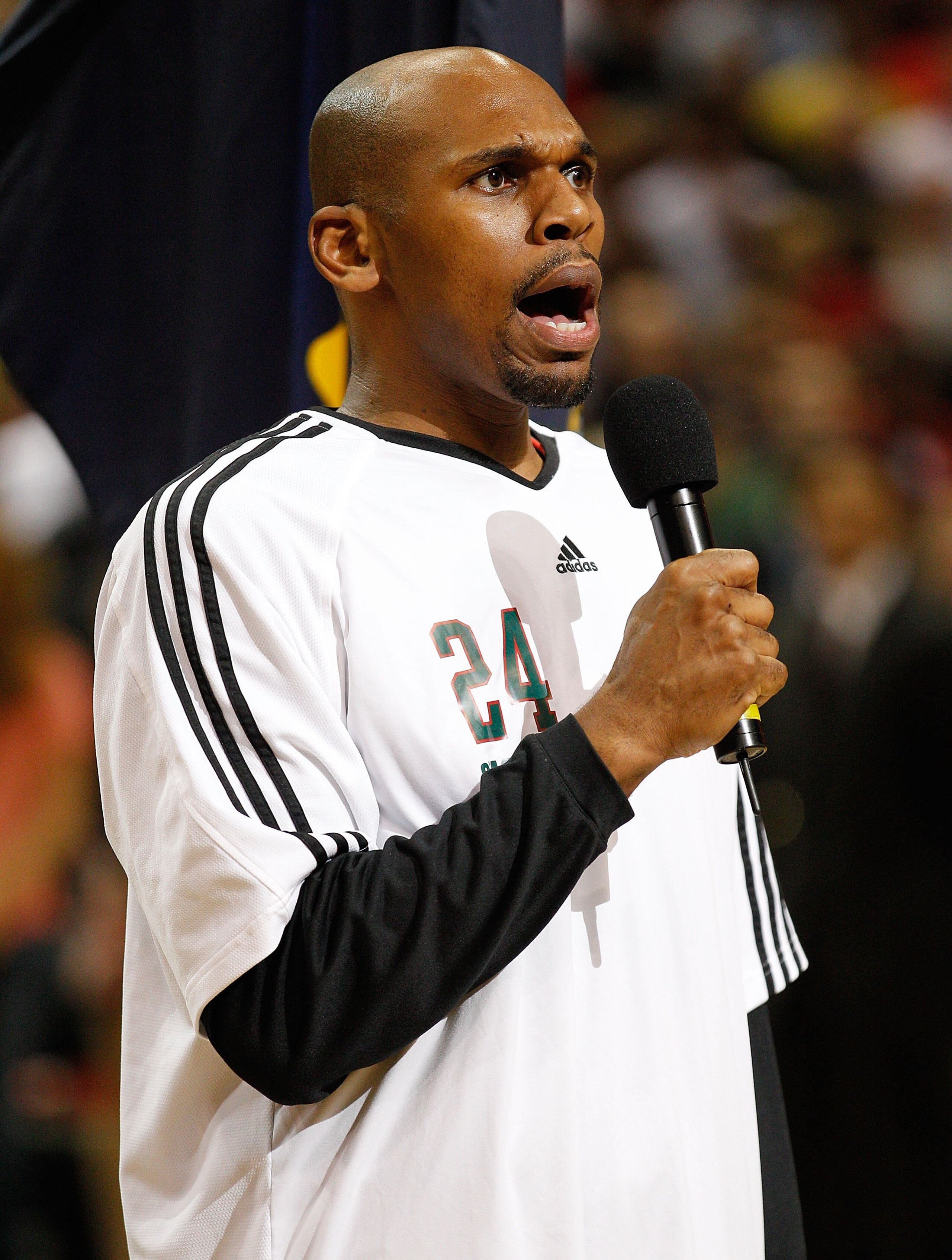 MILWAUKEE - APRIL 30: Jerry Stackhouse #24 of the Milwaukee Bucks sings the National Anthem before the Bucks take on the Atlanta Hawks in Game Six of the Eastern Conference Quarterfinals during the 2010 NBA Playoffs at the Bradley Center on April 30, 2010 MILWAUKEE - APRIL 30: Jerry Stackhouse #24 of the Milwaukee Bucks sings the National Anthem before the Bucks take on the Atlanta Hawks in Game Six of the Eastern Conference Quarterfinals during the 2010 NBA Playoffs at the Bradley Center on April 30, 2010