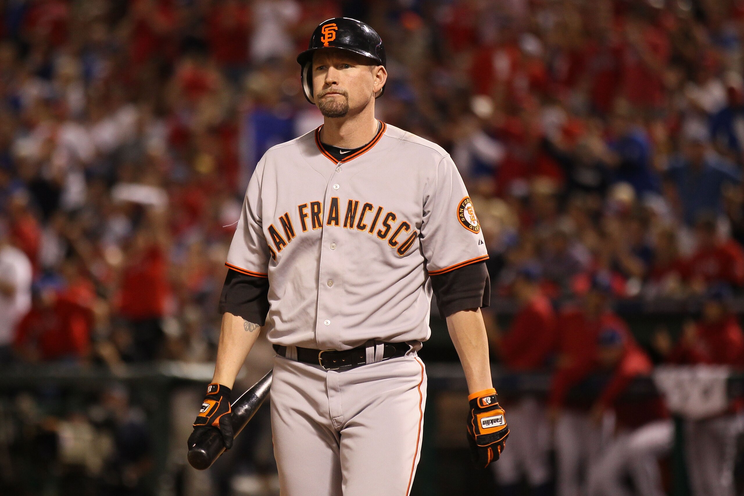ARLINGTON, TX - OCTOBER 31:  Aubrey Huff #17 of the San Francisco Giants reacts to striking out to end the fifth inning of Game Four of the 2010 MLB World Series against the Texas Rangers at Rangers Ballpark in Arlington on October 31, 2010 in Arlington,