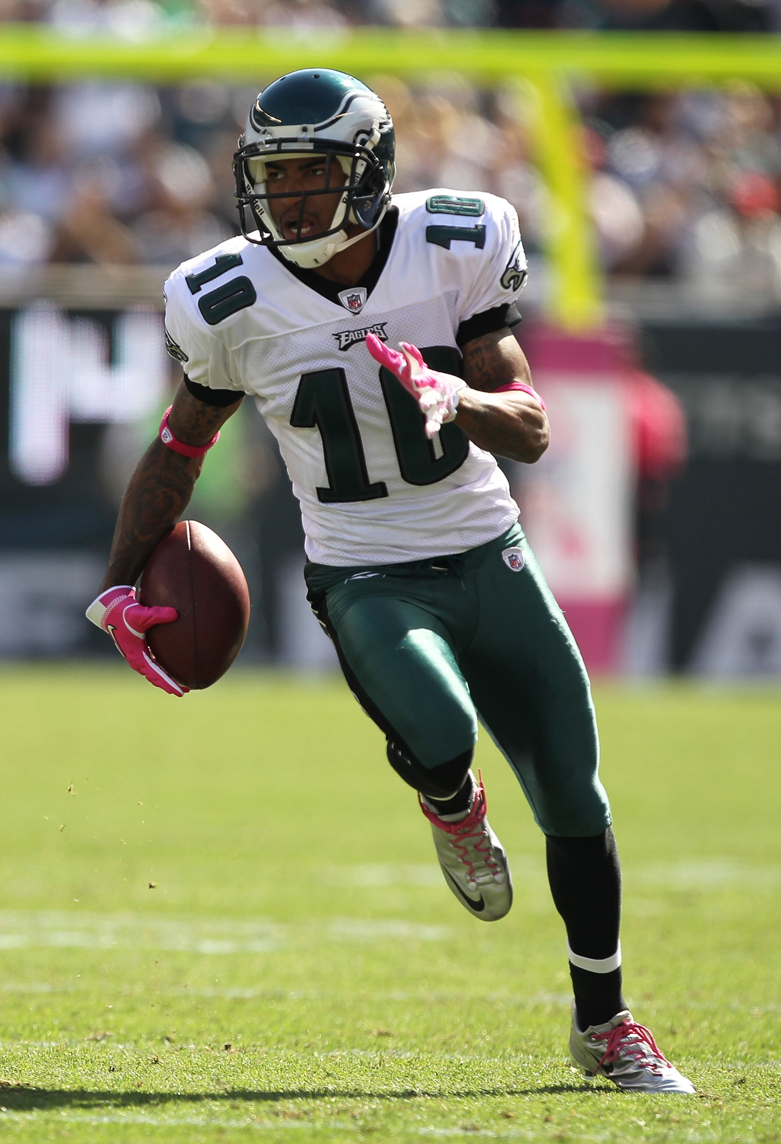 PHILADELPHIA - OCTOBER 17: DeSean Jackson #10 of the Philadelphia Eagles scores a touchdown in the first quarter against the Atlanta Falcons defends during their game at Lincoln Financial Field on October 17, 2010 in Philadelphia, Pennsylvania. (Photo b PHILADELPHIA - OCTOBER 17: DeSean Jackson #10 of the Philadelphia Eagles scores a touchdown in the first quarter against the Atlanta Falcons defends during their game at Lincoln Financial Field on October 17, 2010 in Philadelphia, Pennsylvania. (Photo b