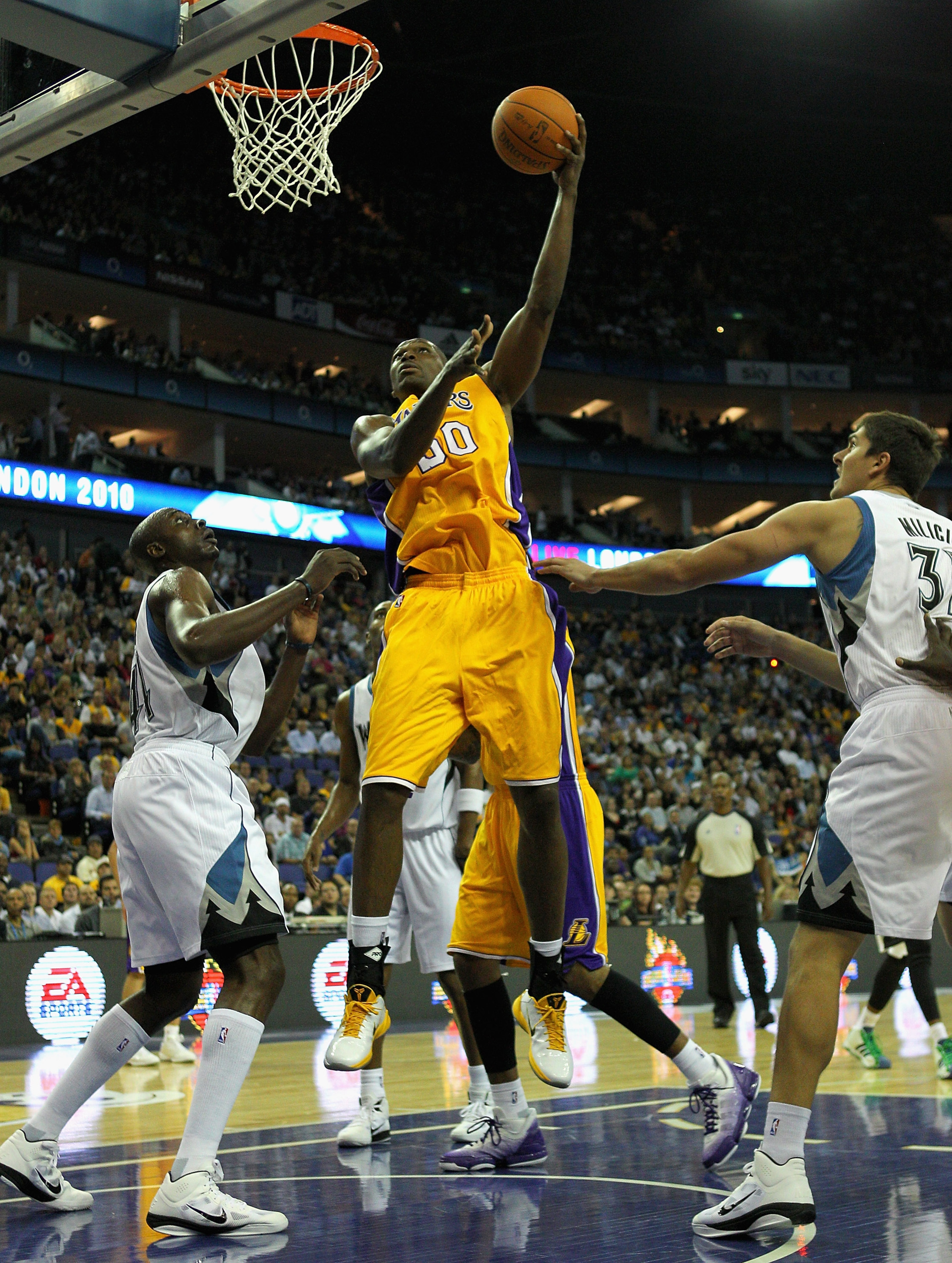 LONDON, ENGLAND - OCTOBER 04:  Theo Ratliff of the Los Angeles Lakers in action during the NBA Europe Live match between the Los Angeles Lakers and the Minnesota Timberwolves at the O2 arena on October 4, 2010 in London, England.  (Photo by Clive Rose/Get