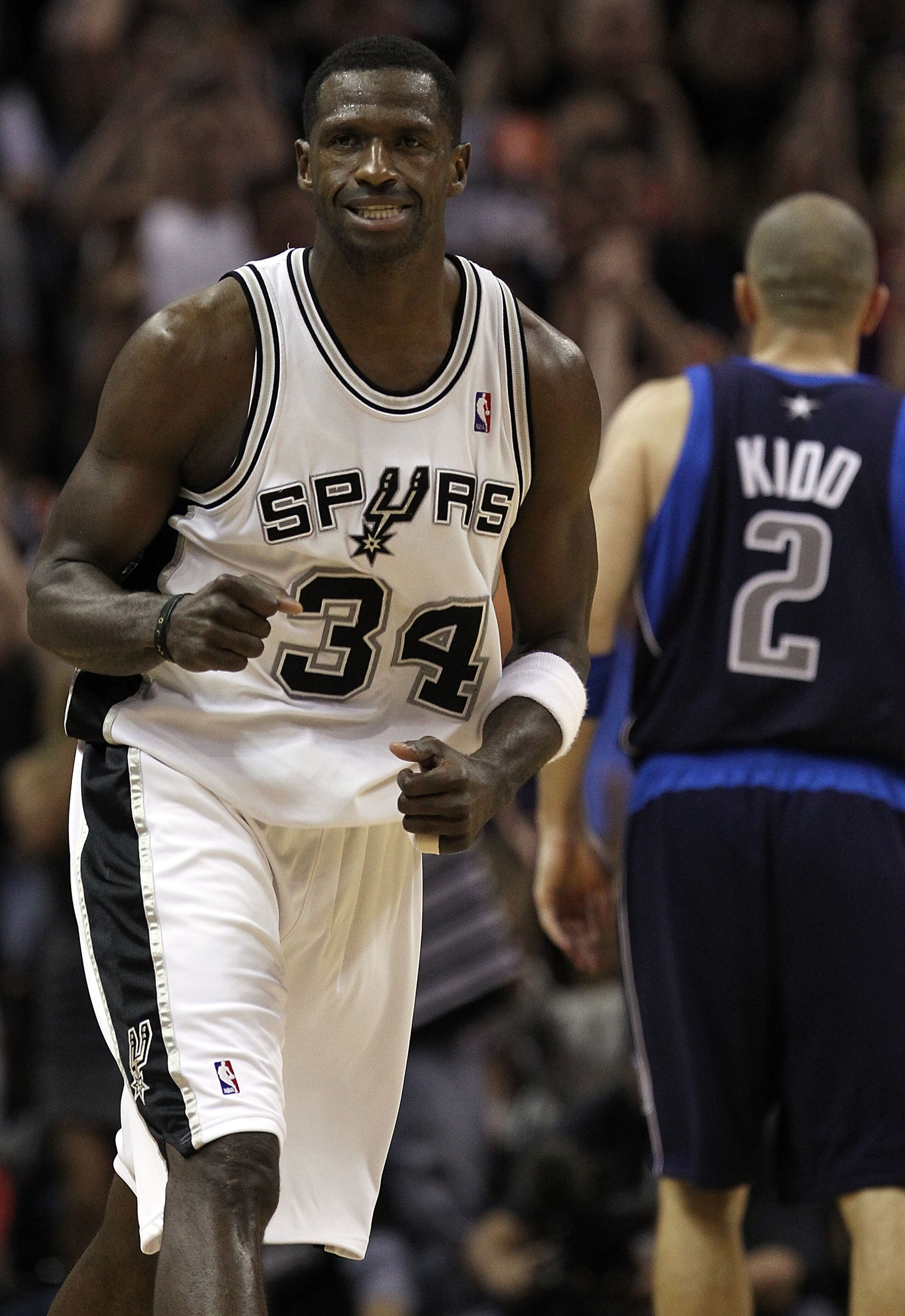 SAN ANTONIO - APRIL 29: Center Antonio McDyess #34 of the San Antonio Spurs reacts during a 97-87 win against the Dallas Mavericks in Game Six of the Western Conference Quarterfinals during the 2010 NBA Playoffs at AT&T Center on April 29, 2010 in San An SAN ANTONIO - APRIL 29: Center Antonio McDyess #34 of the San Antonio Spurs reacts during a 97-87 win against the Dallas Mavericks in Game Six of the Western Conference Quarterfinals during the 2010 NBA Playoffs at AT&T Center on April 29, 2010 in San An
