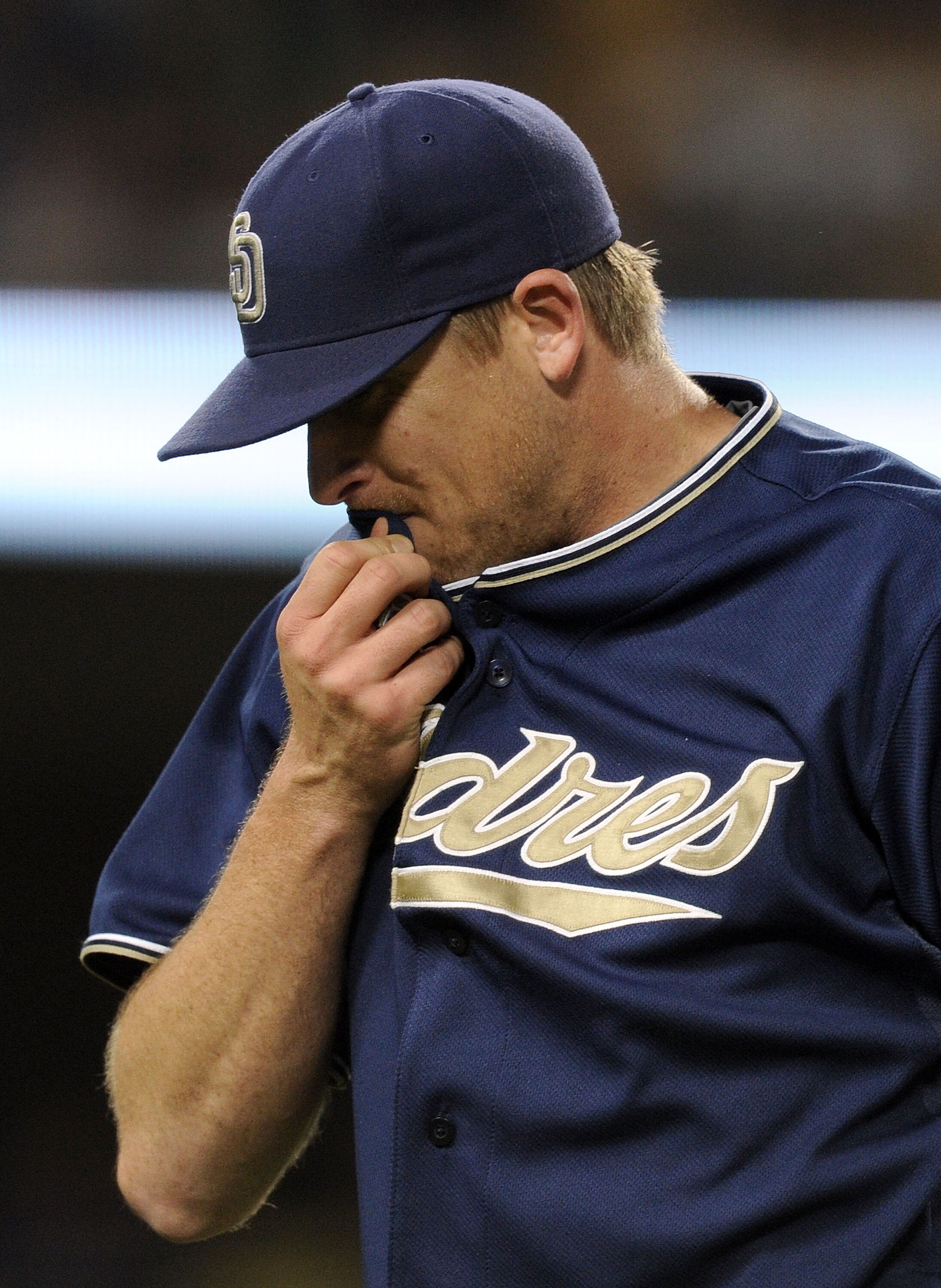 LOS ANGELES, CA - MAY 20:  Kevin Correia #29 of the San Diego Padres leaves the mound after allowing three runs in the sixth inning against the Los Angeles Dodgers at Dodger Stadium on May 20, 2010 in Los Angeles, California.  (Photo by Harry How/Getty Im