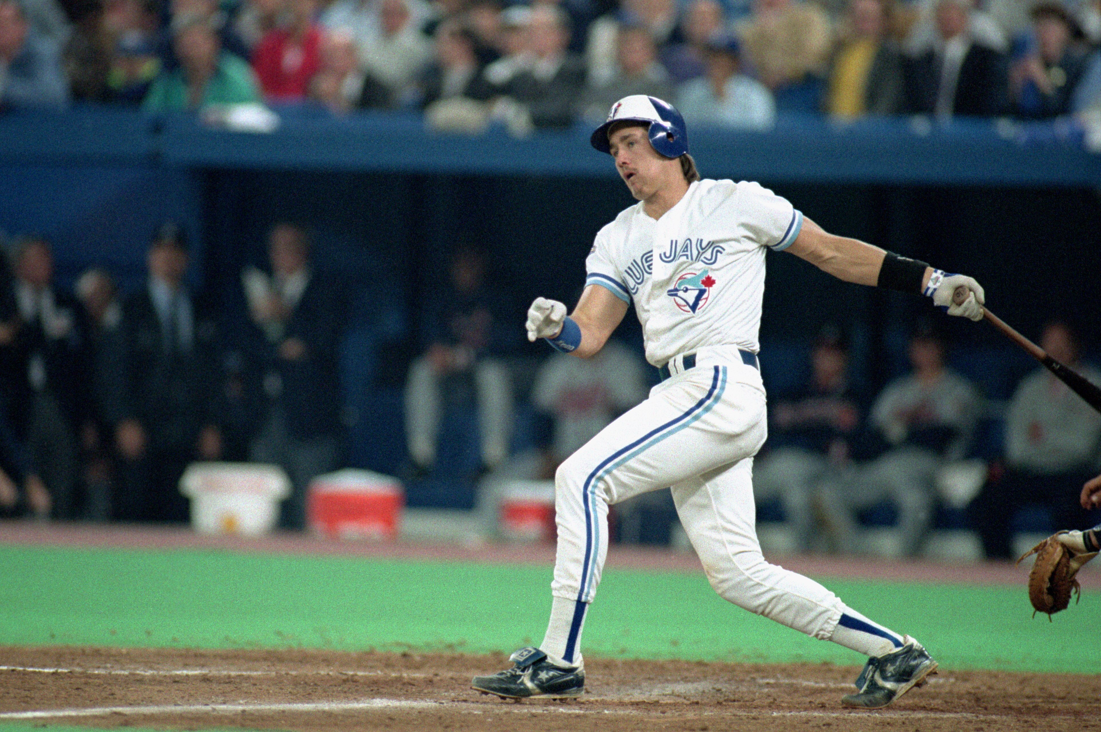 TORONTO - OCTOBER 22:  Pat Borders #10 hits an Atlanta Braves pitch during game 5 of the World Series at the SkyDome in Toronto, Ontario, Canada, on October 22, 1992.  The Braves on 7-2.  (Photo by Rick Stewart/Getty Images)