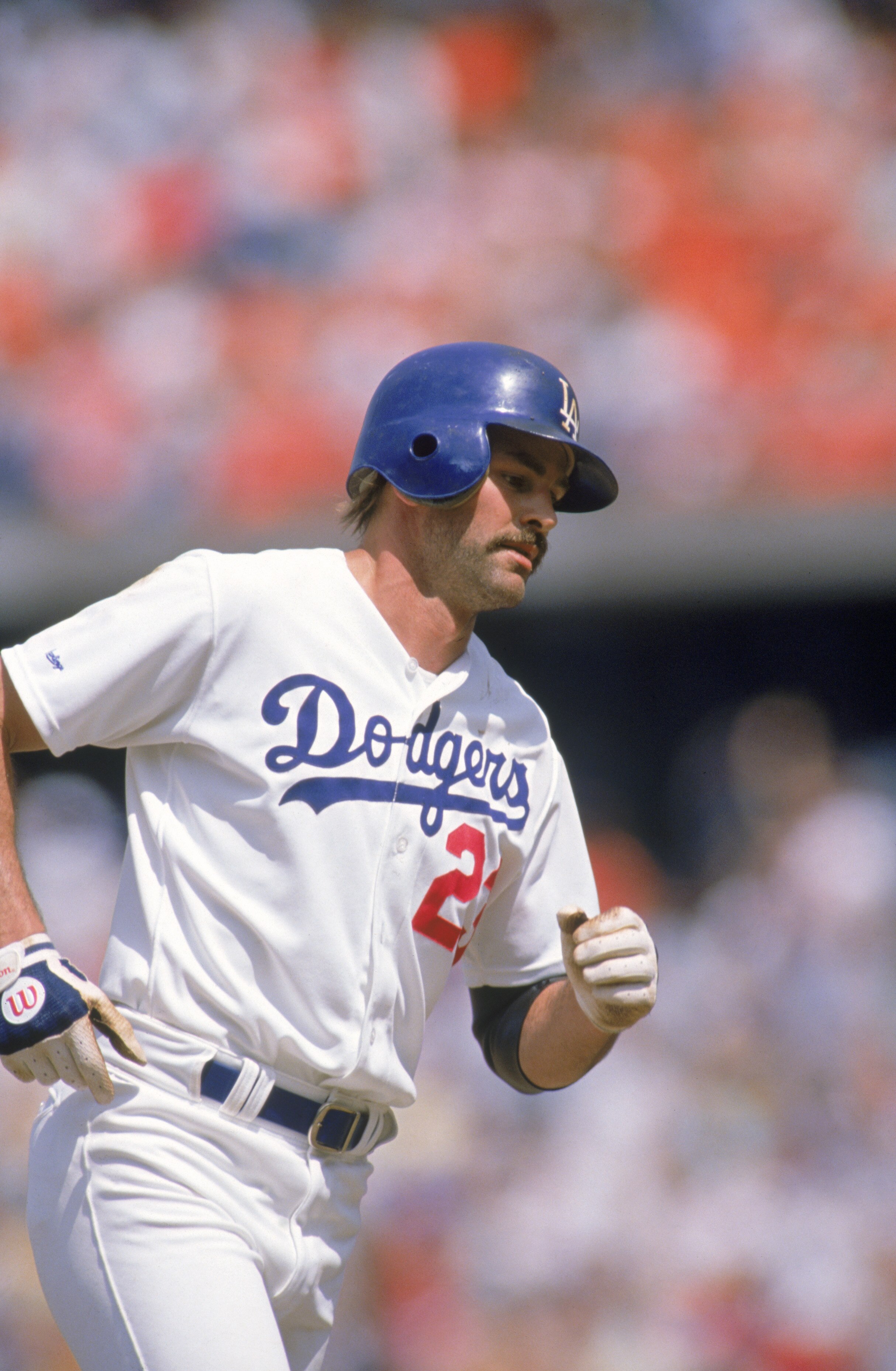 LOS ANGELES - 1988:  Kirk Gibson #23 of the Los Angeles Dodgers runs the bases during a 1988 game at Dodger Stadium in Los Angeles, California.  (Photo by Mike Powell/Getty Images)