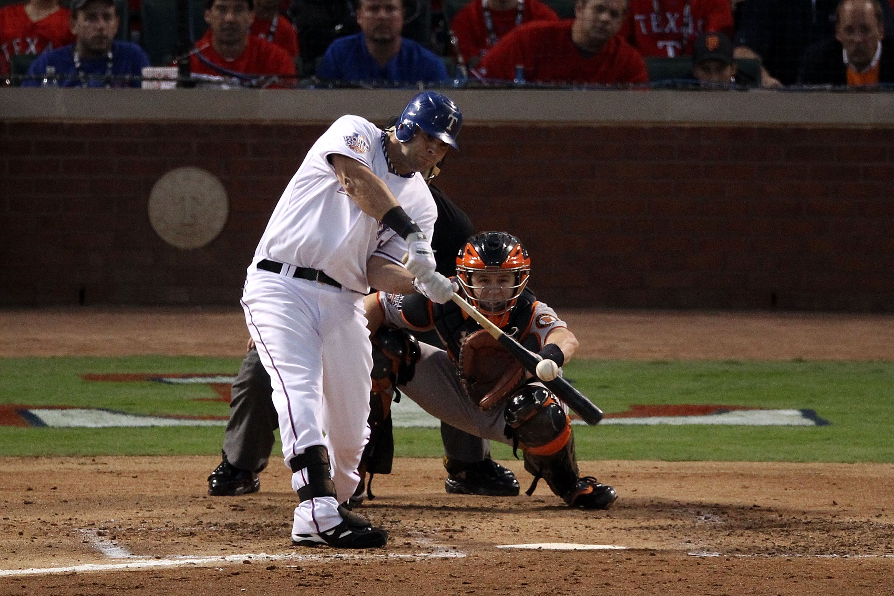 ARLINGTON, TX - OCTOBER 30:  Mitch Moreland #18 of the Texas Rangers hits a 3-run home run in the bottom of the second inning against the San Francisco Giants in Game Three of the 2010 MLB World Series at Rangers Ballpark in Arlington on October 30, 2010 