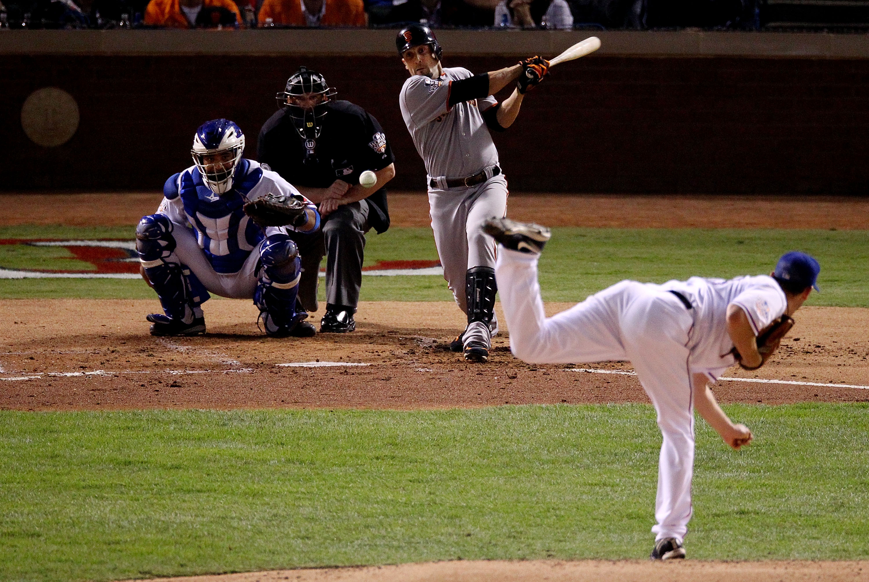 ARLINGTON, TX - NOVEMBER 01:  Andres Torres #56 of the San Francisco Giants hits a single off of starting pitcher Cliff Lee #33 of the Texas Rangers during the third inning of Game Five of the 2010 MLB World Series at Rangers Ballpark in Arlington on Nove
