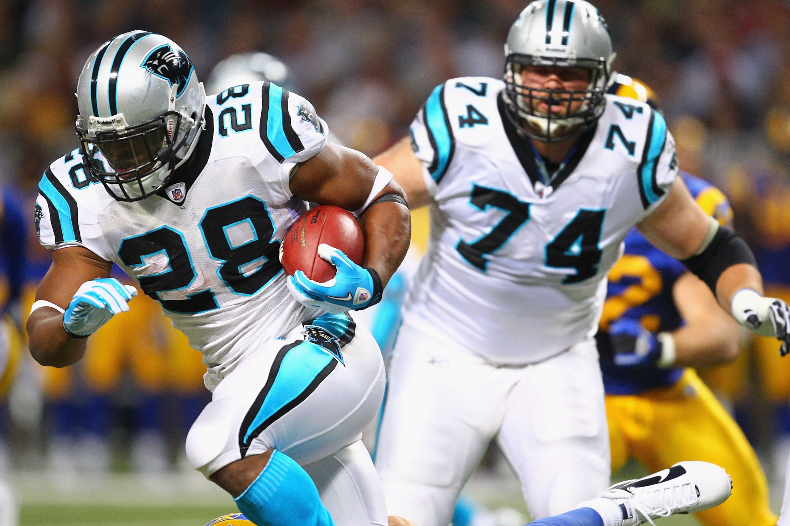 ST. LOUIS - OCTOBER 31: Jonathan Stewart #28 of the Carolina Panthers rushes against the St. Louis Rams at the Edward Jones Dome on October 31, 2010 in St. Louis, Missouri. The Rams beat the Panthers 20-10. (Photo by Dilip Vishwanat/Getty Images) ST. LOUIS - OCTOBER 31: Jonathan Stewart #28 of the Carolina Panthers rushes against the St. Louis Rams at the Edward Jones Dome on October 31, 2010 in St. Louis, Missouri. The Rams beat the Panthers 20-10. (Photo by Dilip Vishwanat/Getty Images)