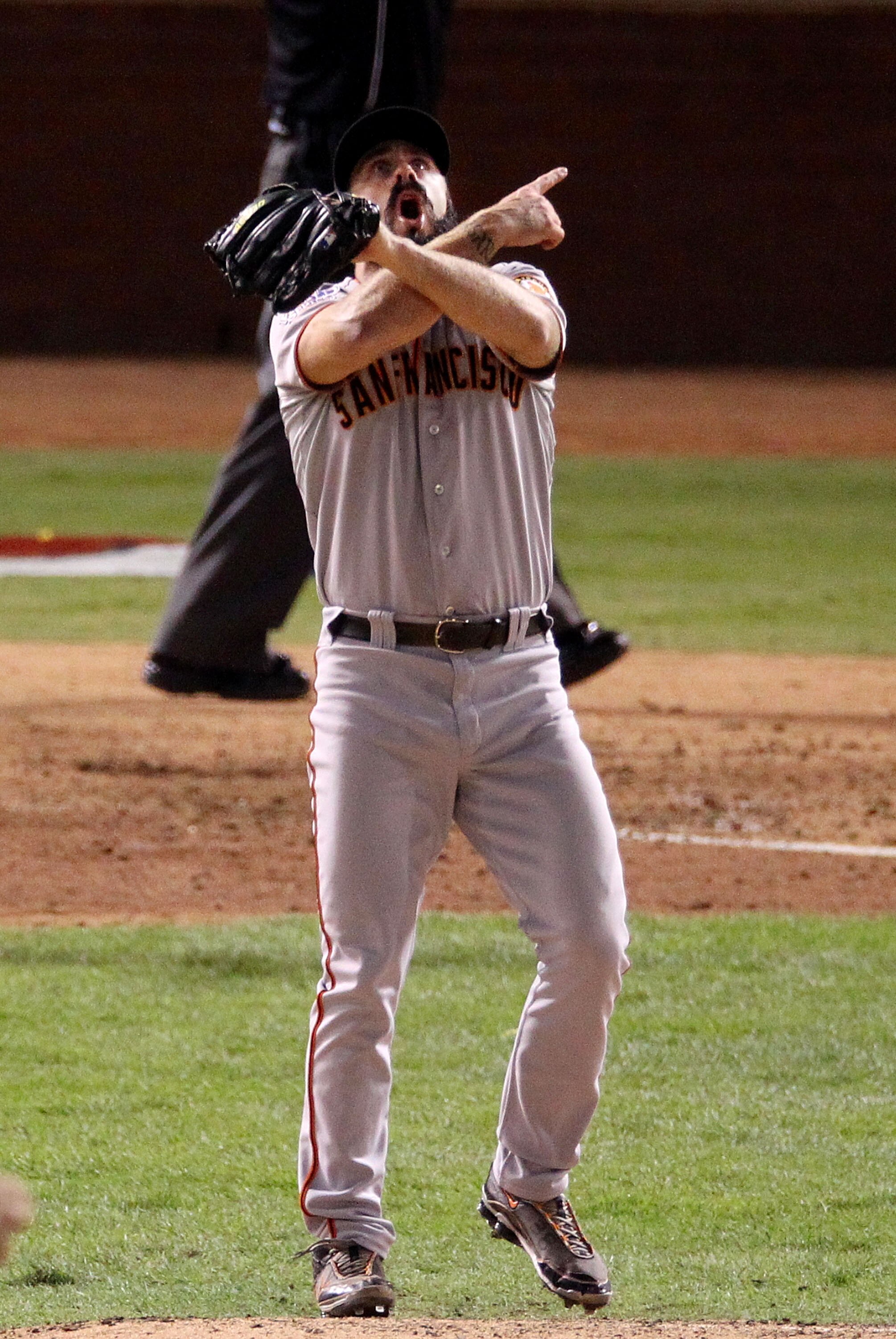 ARLINGTON, TX - NOVEMBER 01:  Brian Wilson #38 of the San Francisco Giants celebrates striking out Nelson Cruz #17 of the Texas Rangers (not pictured) to win the 2010 MLB World Series 3-1 at Rangers Ballpark in Arlington on November 1, 2010 in Arlington, 