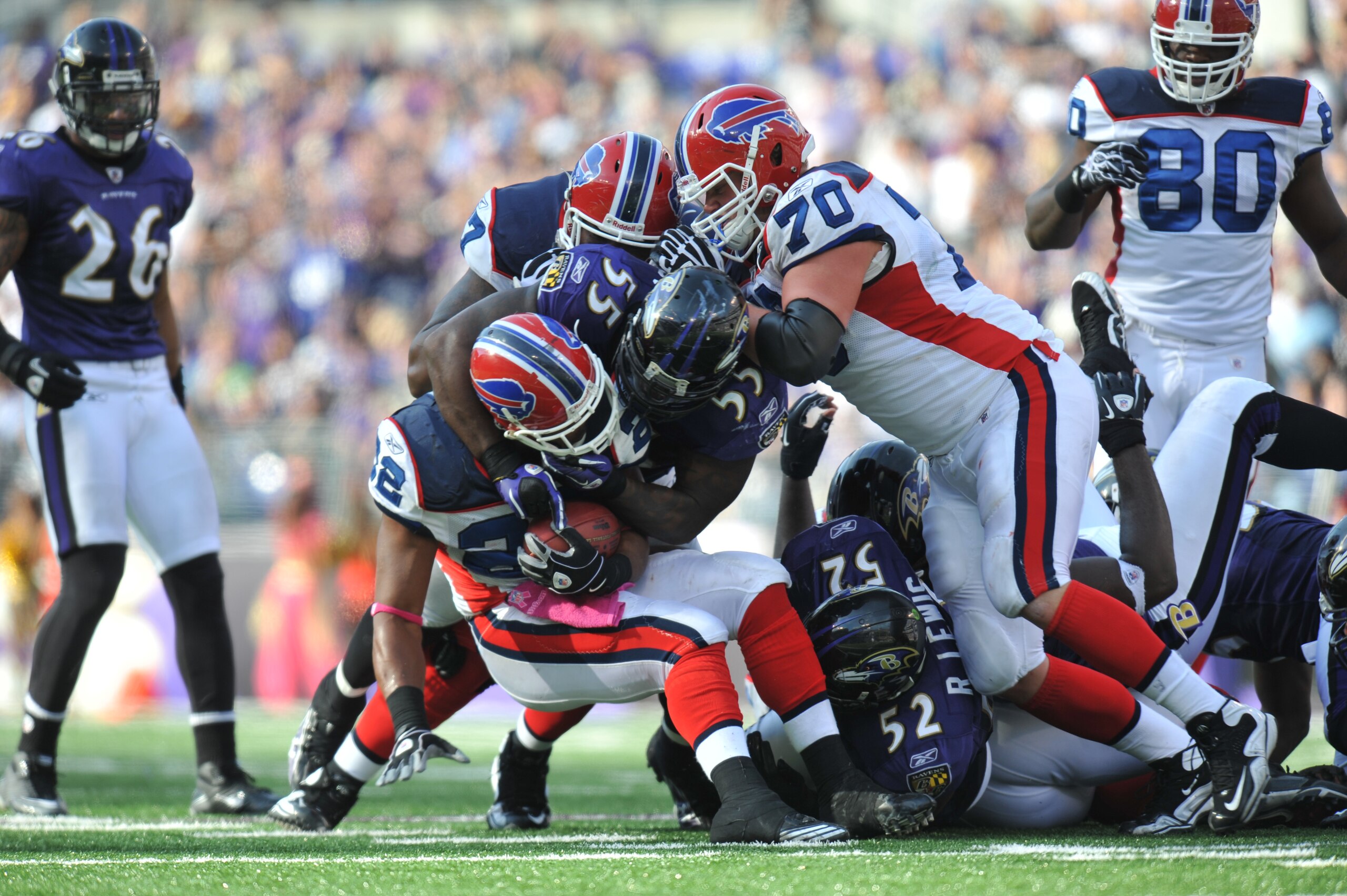 BALTIMORE, MD - OCTOBER 24: Fred Jackson #22 of the Buffalo Bills is stopped by Terrell Suggs #55 of the Baltimore Ravens at M&T Bank Stadium on October 24, 2010 in Baltimore, Maryland. The Ravens defeated the Bills 37-34. (Photo by Larry French/Getty Im BALTIMORE, MD - OCTOBER 24: Fred Jackson #22 of the Buffalo Bills is stopped by Terrell Suggs #55 of the Baltimore Ravens at M&T Bank Stadium on October 24, 2010 in Baltimore, Maryland. The Ravens defeated the Bills 37-34. (Photo by Larry French/Getty Im