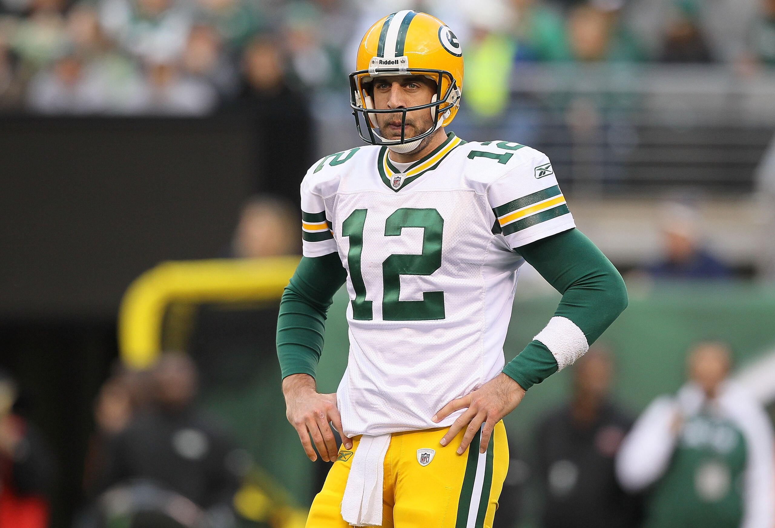EAST RUTHERFORD, NJ - OCTOBER 31:  Aaron Rodgers #12 of the Green Bay Packers in action against the New York Jets on October 31, 2010 at the New Meadowlands Stadium in East Rutherford, New Jersey.The Packers defeated the Jets 9-0.  (Photo by Jim McIsaac/G
