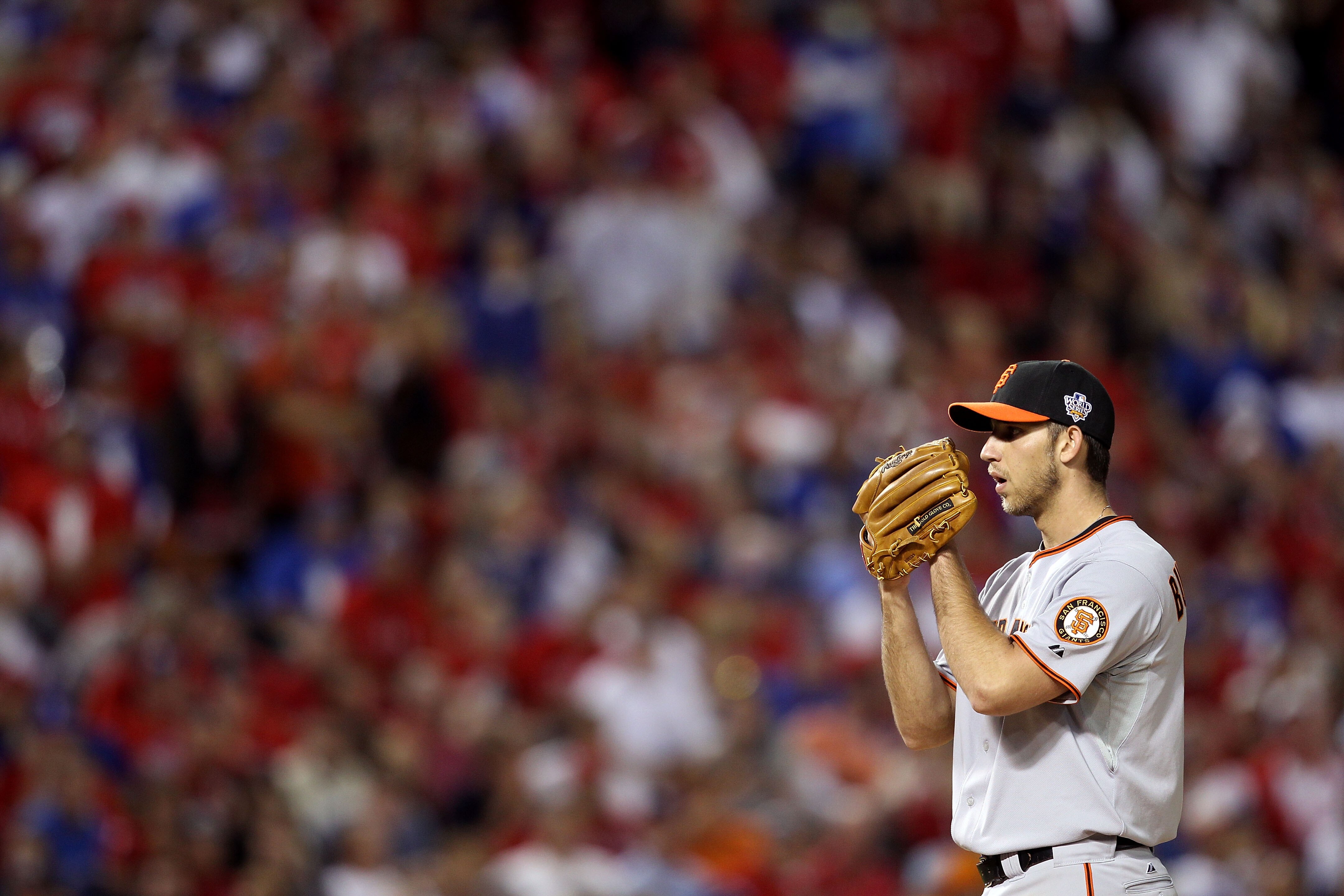 ARLINGTON, TX - OCTOBER 31:  Starting pitcher Madison Bumgarner #40 of the San Francisco Giants gets set to throw a pitch against the Texas Rangers in Game Four of the 2010 MLB World Series at Rangers Ballpark in Arlington on October 31, 2010 in Arlington